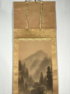 Japanese Hanging Scroll Vtg Moutains Bridge Monochrome Sansui Kakejiku SC895