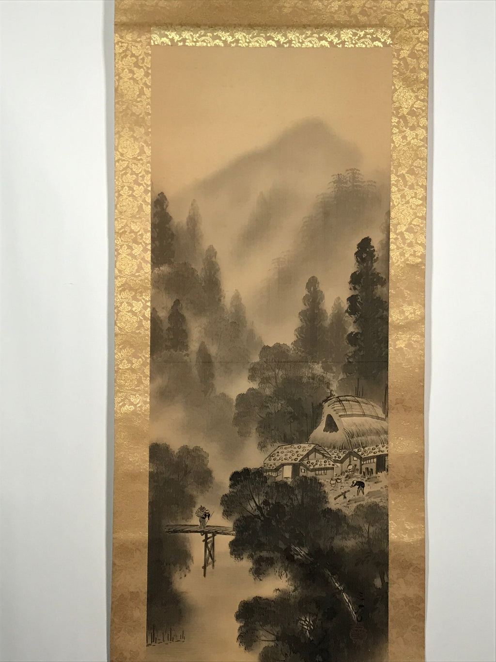 Japanese Hanging Scroll Vtg Moutains Bridge Monochrome Sansui Kakejiku SC895