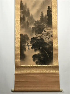 Japanese Hanging Scroll Vtg Moutains Bridge Monochrome Sansui Kakejiku SC895