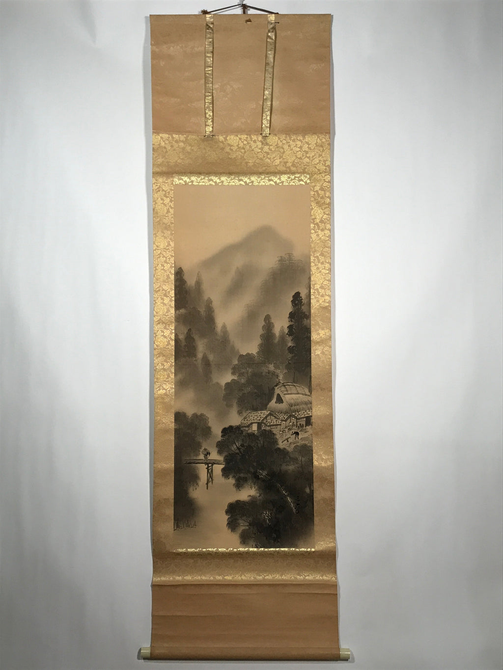 Japanese Hanging Scroll Vtg Moutains Bridge Monochrome Sansui Kakejiku SC895