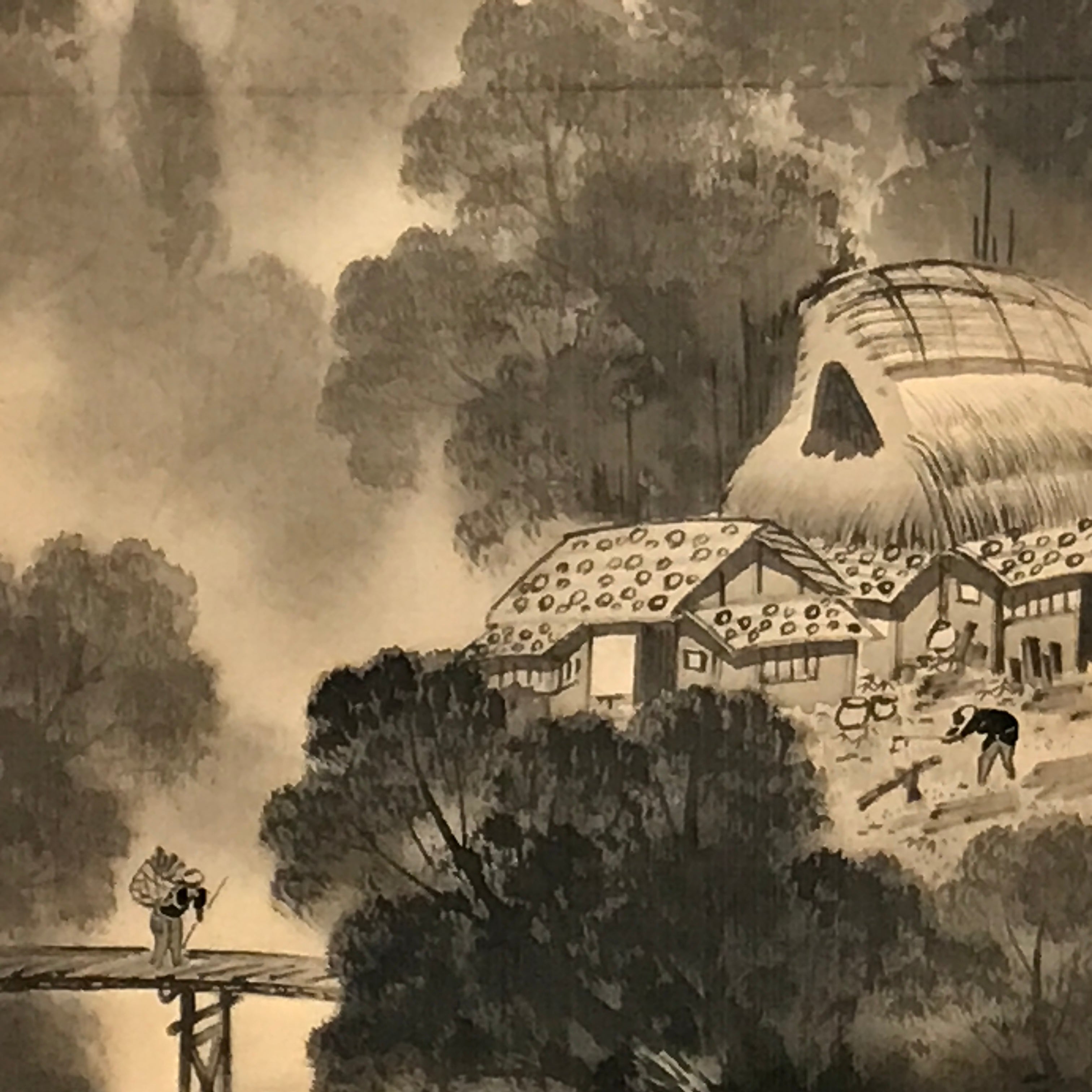 Japanese Hanging Scroll Vtg Moutains Bridge Monochrome Sansui Kakejiku SC895