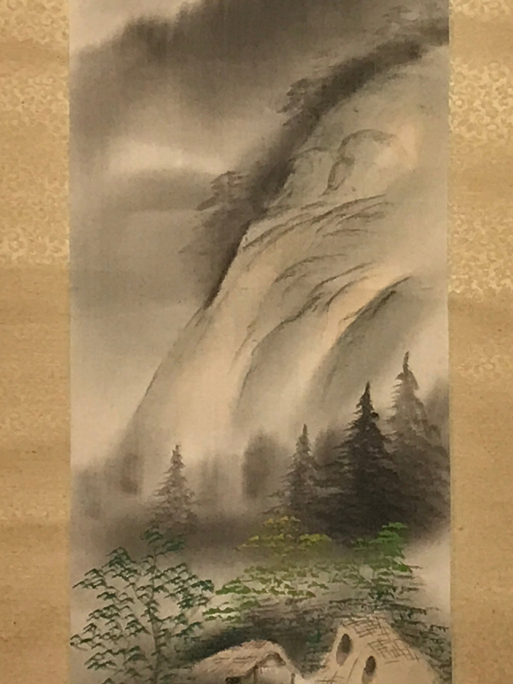 Japanese Hanging Scroll Vtg Moutains Lake Boat Color Sansui Kakejiku SC858