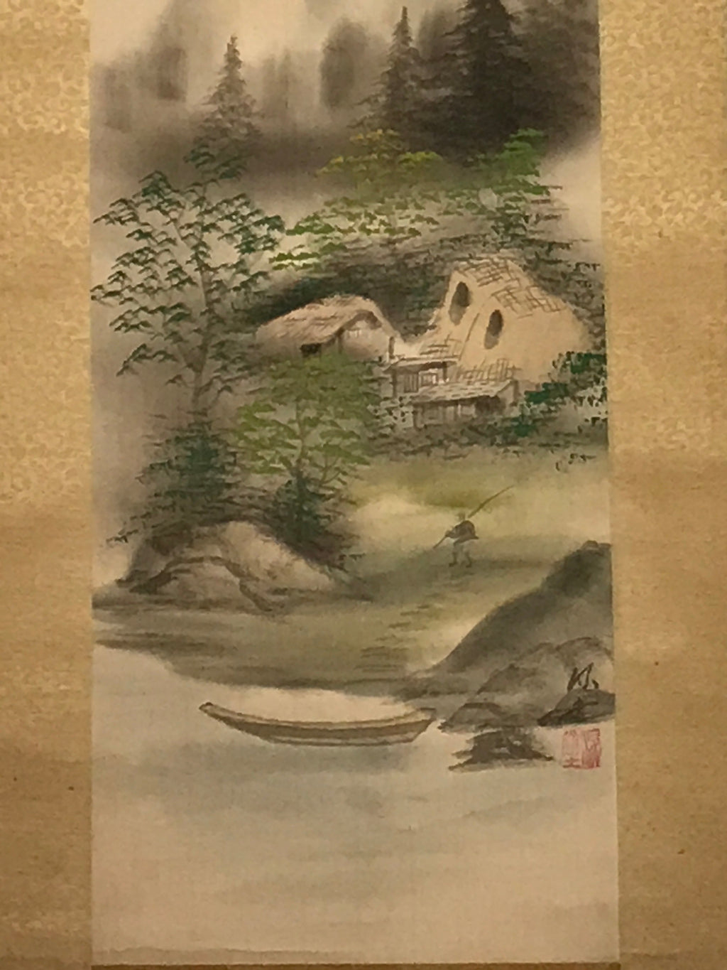 Japanese Hanging Scroll Vtg Moutains Lake Boat Color Sansui Kakejiku SC858