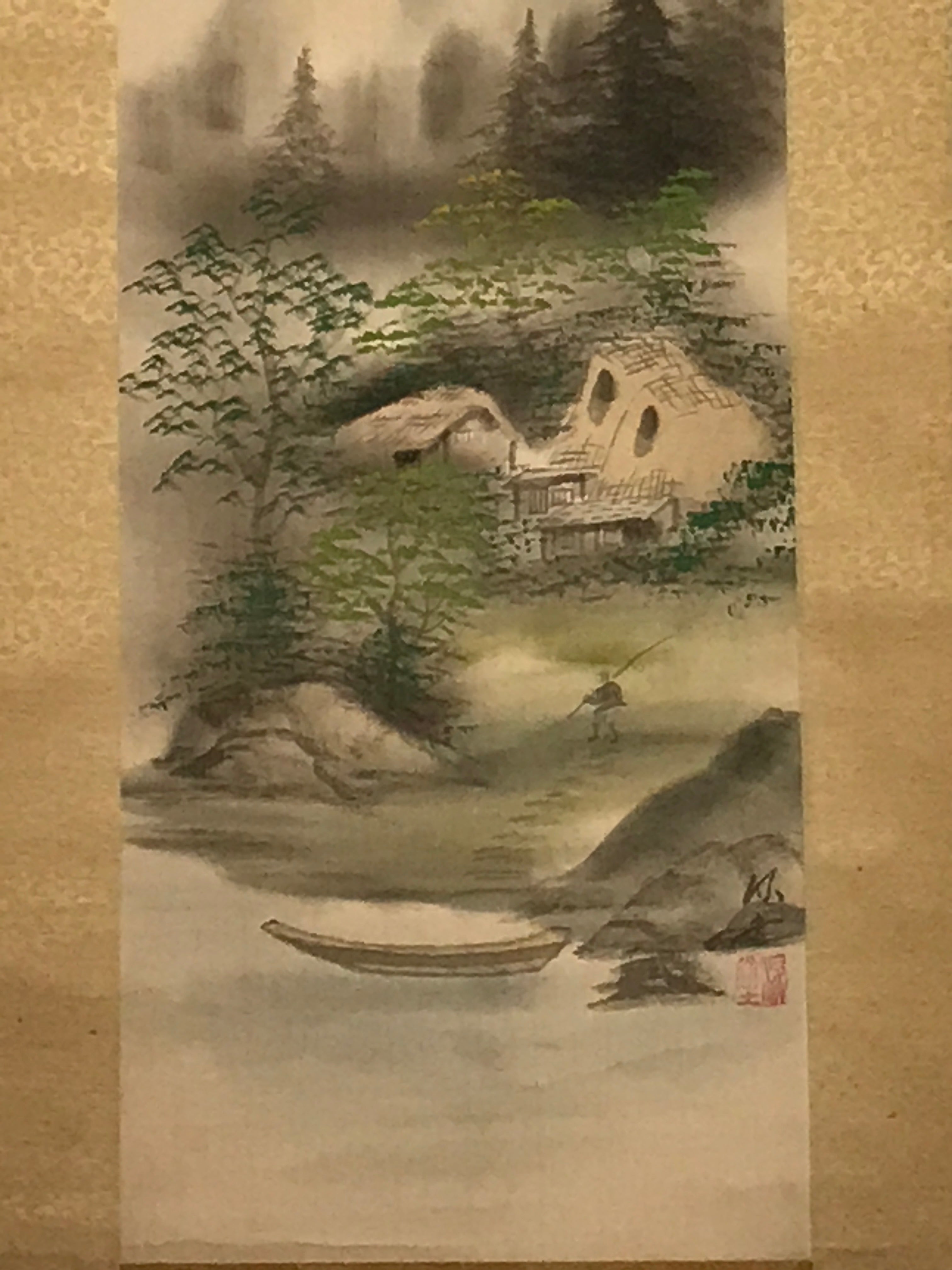 Japanese Hanging Scroll Vtg Moutains Lake Boat Color Sansui Kakejiku SC858