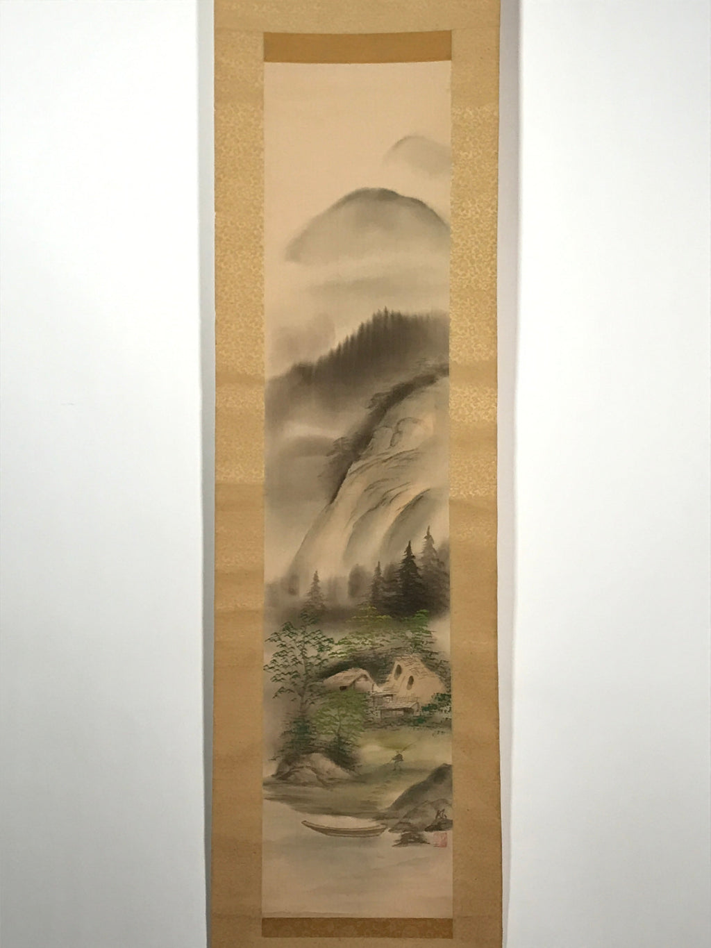 Japanese Hanging Scroll Vtg Moutains Lake Boat Color Sansui Kakejiku SC858