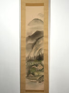 Japanese Hanging Scroll Vtg Moutains Lake Boat Color Sansui Kakejiku SC858