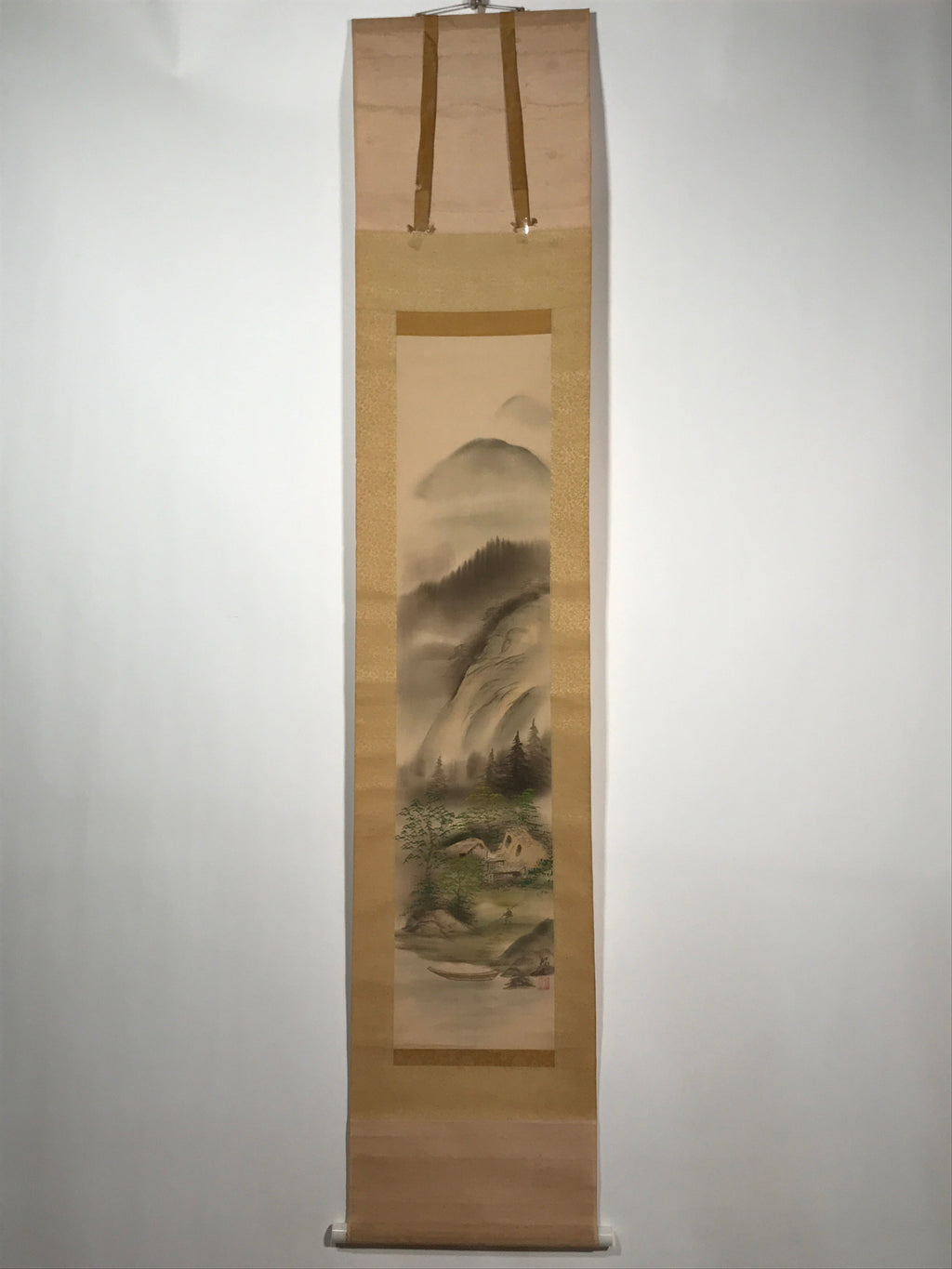 Japanese Hanging Scroll Vtg Moutains Lake Boat Color Sansui Kakejiku SC858