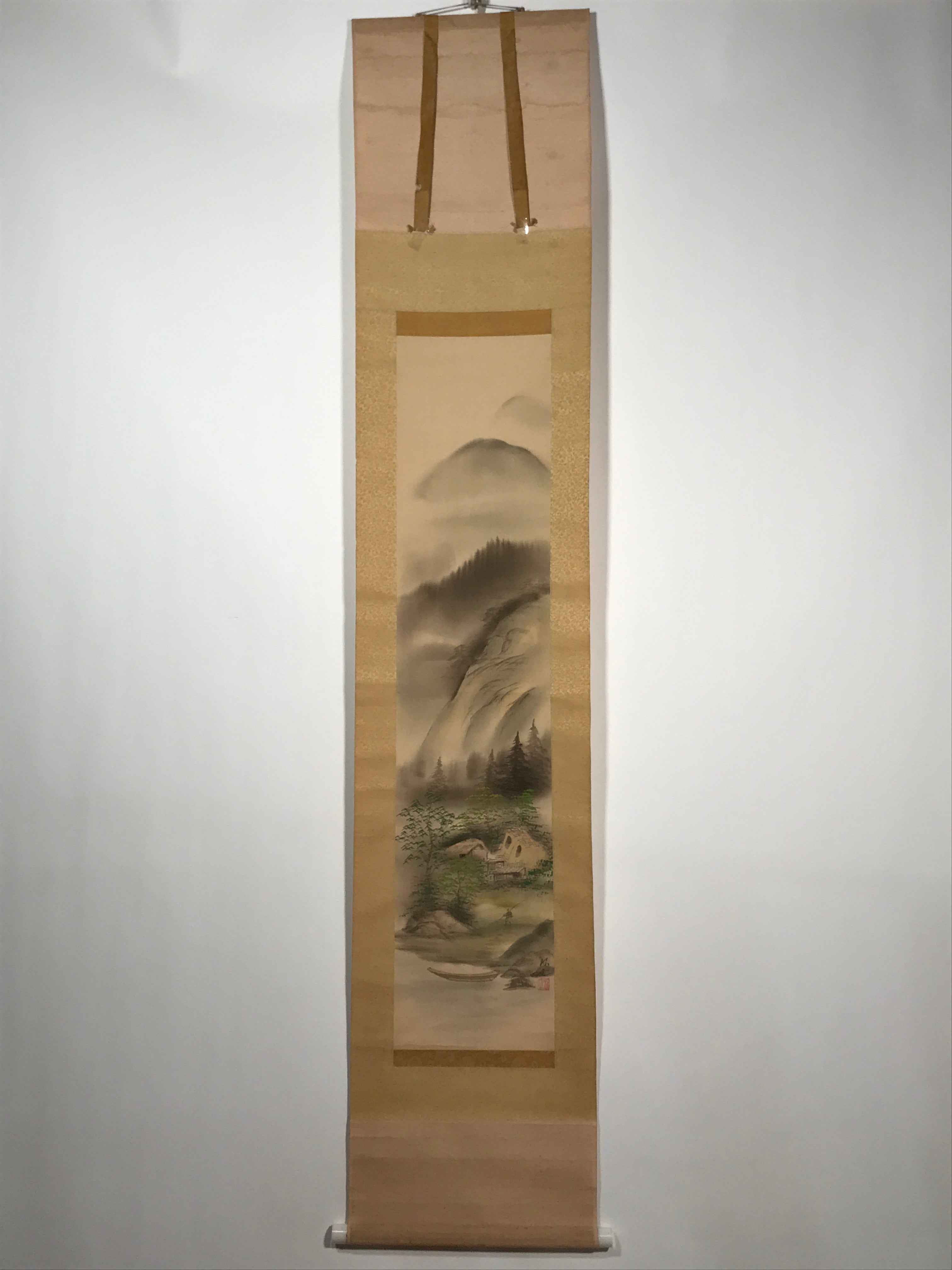 Japanese Hanging Scroll Vtg Moutains Lake Boat Color Sansui Kakejiku SC858