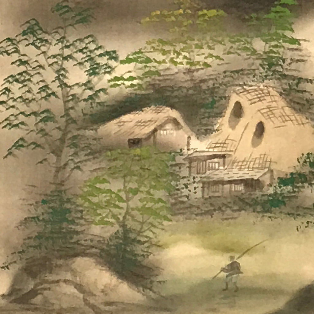 Japanese Hanging Scroll Vtg Moutains Lake Boat Color Sansui Kakejiku SC858