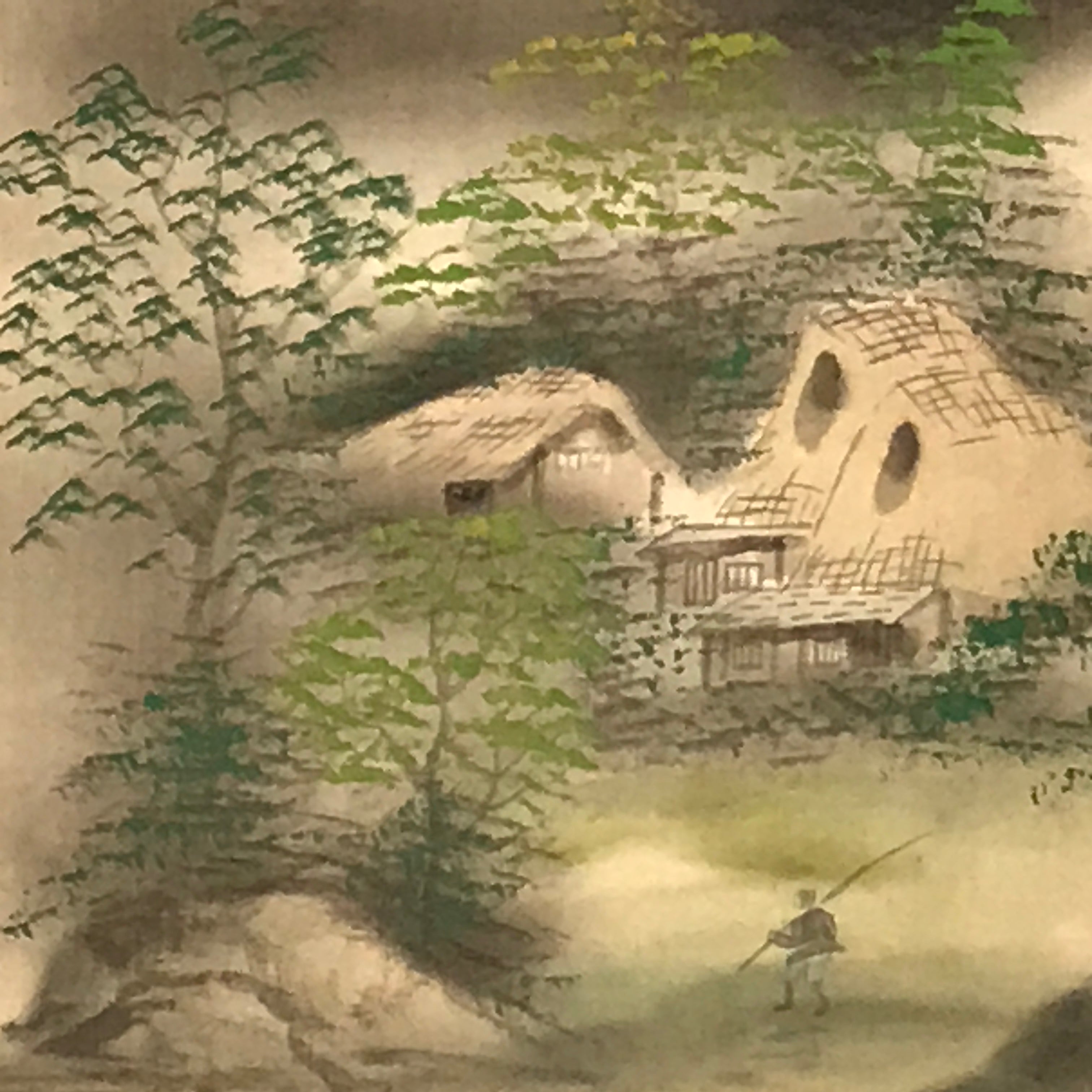 Japanese Hanging Scroll Vtg Moutains Lake Boat Color Sansui Kakejiku SC858