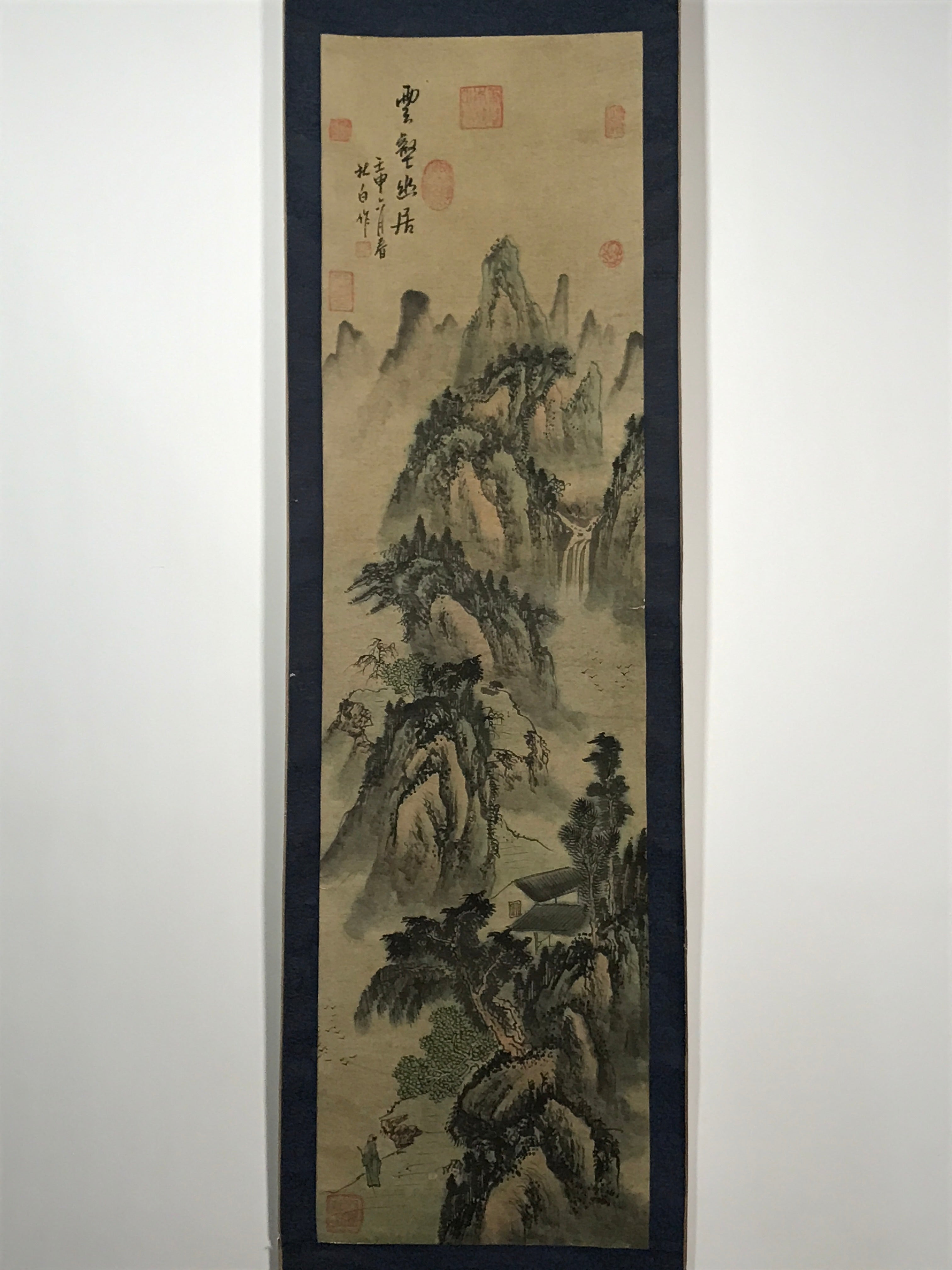 Japanese Hanging Scroll Vtg Moutains River Monochrome Sansui Kakejiku SC857
