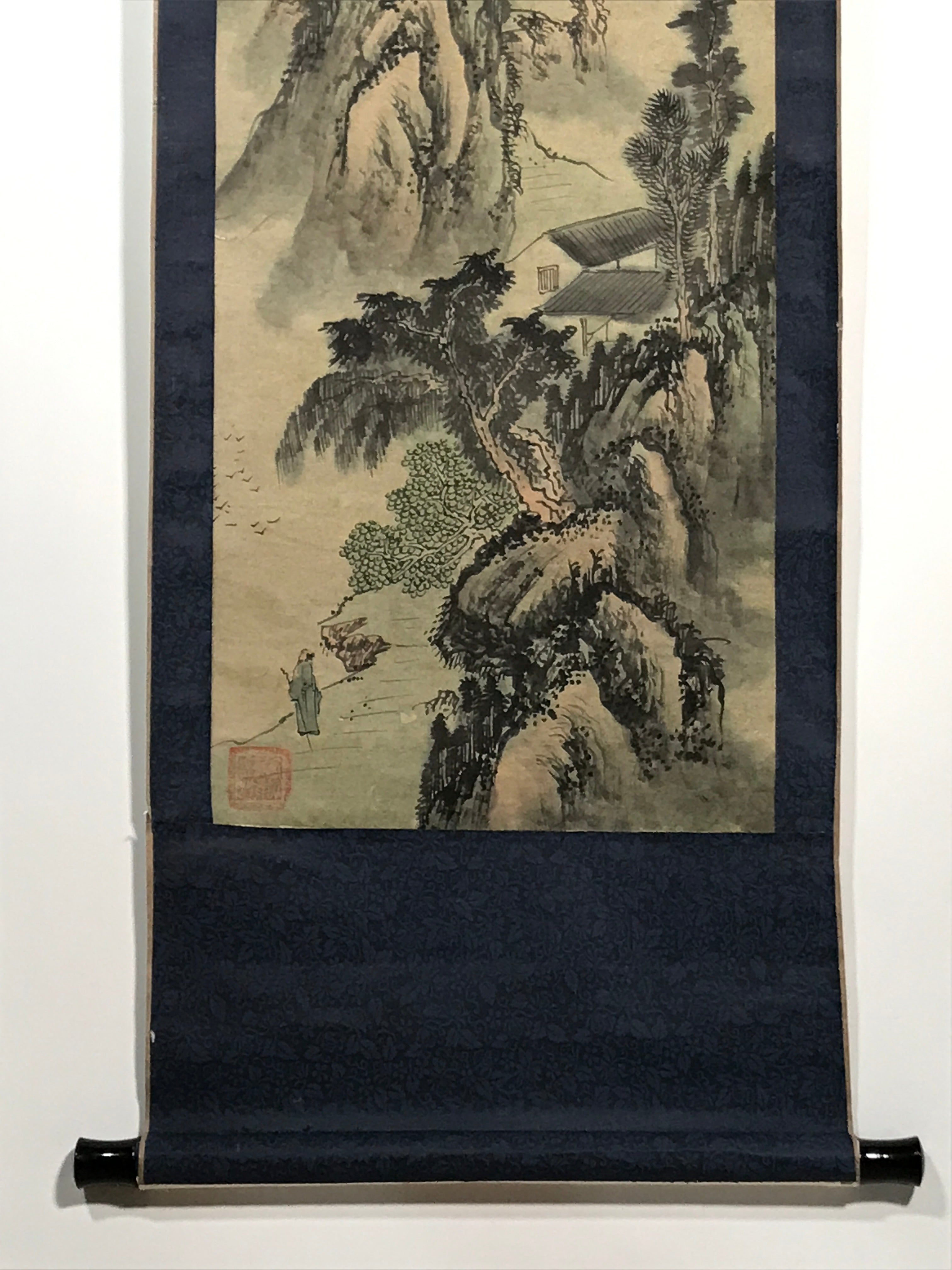 Japanese Hanging Scroll Vtg Moutains River Monochrome Sansui Kakejiku SC857