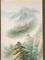 Japanese Hanging Scroll Vtg Moutains Waterfall House Color Sansui Kakejiku SC822