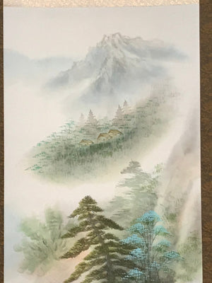 Japanese Hanging Scroll Vtg Moutains Waterfall House Color Sansui Kakejiku SC822