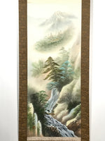 Japanese Hanging Scroll Vtg Moutains Waterfall House Color Sansui Kakejiku SC822