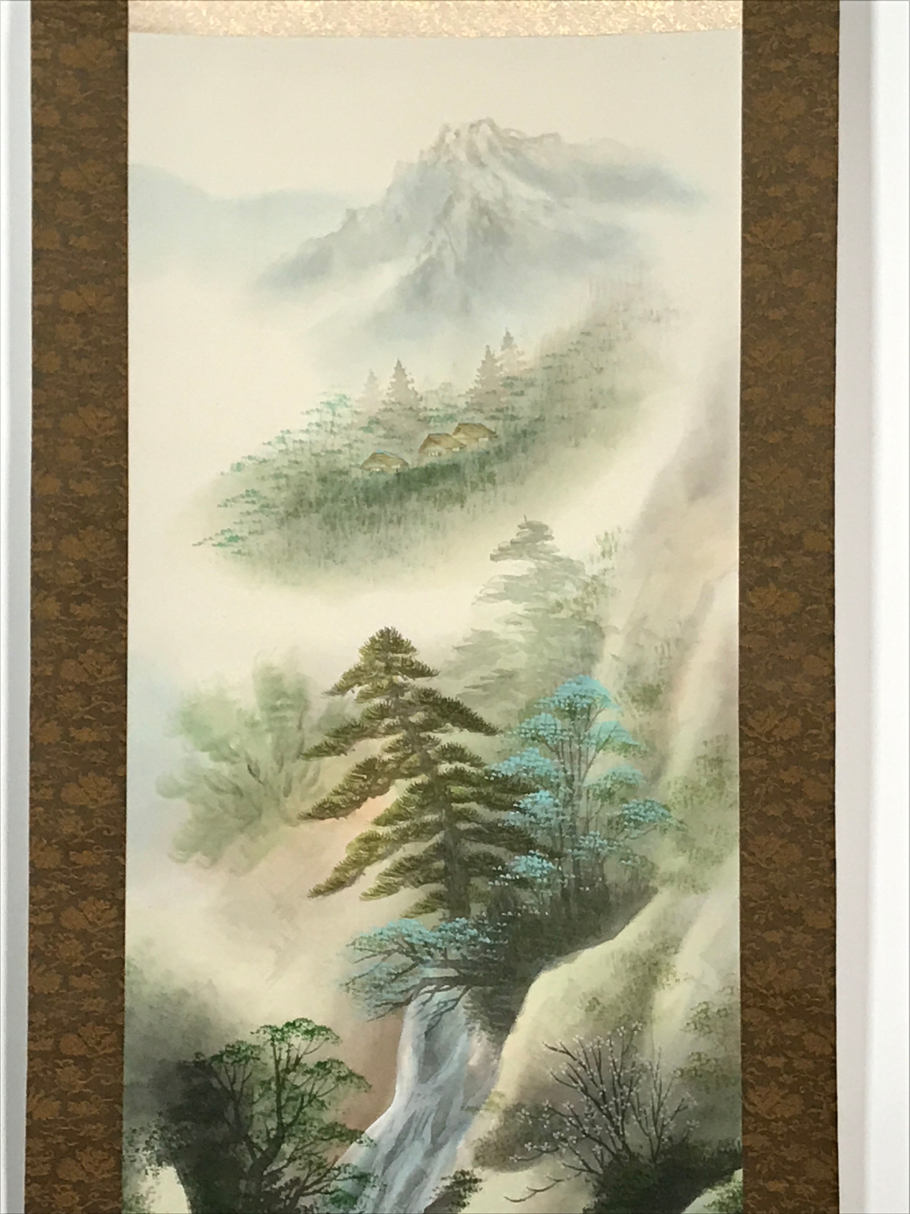 Japanese Hanging Scroll Vtg Moutains Waterfall House Color Sansui Kakejiku SC822