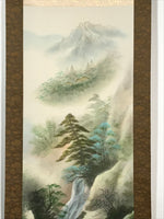 Japanese Hanging Scroll Vtg Moutains Waterfall House Color Sansui Kakejiku SC822