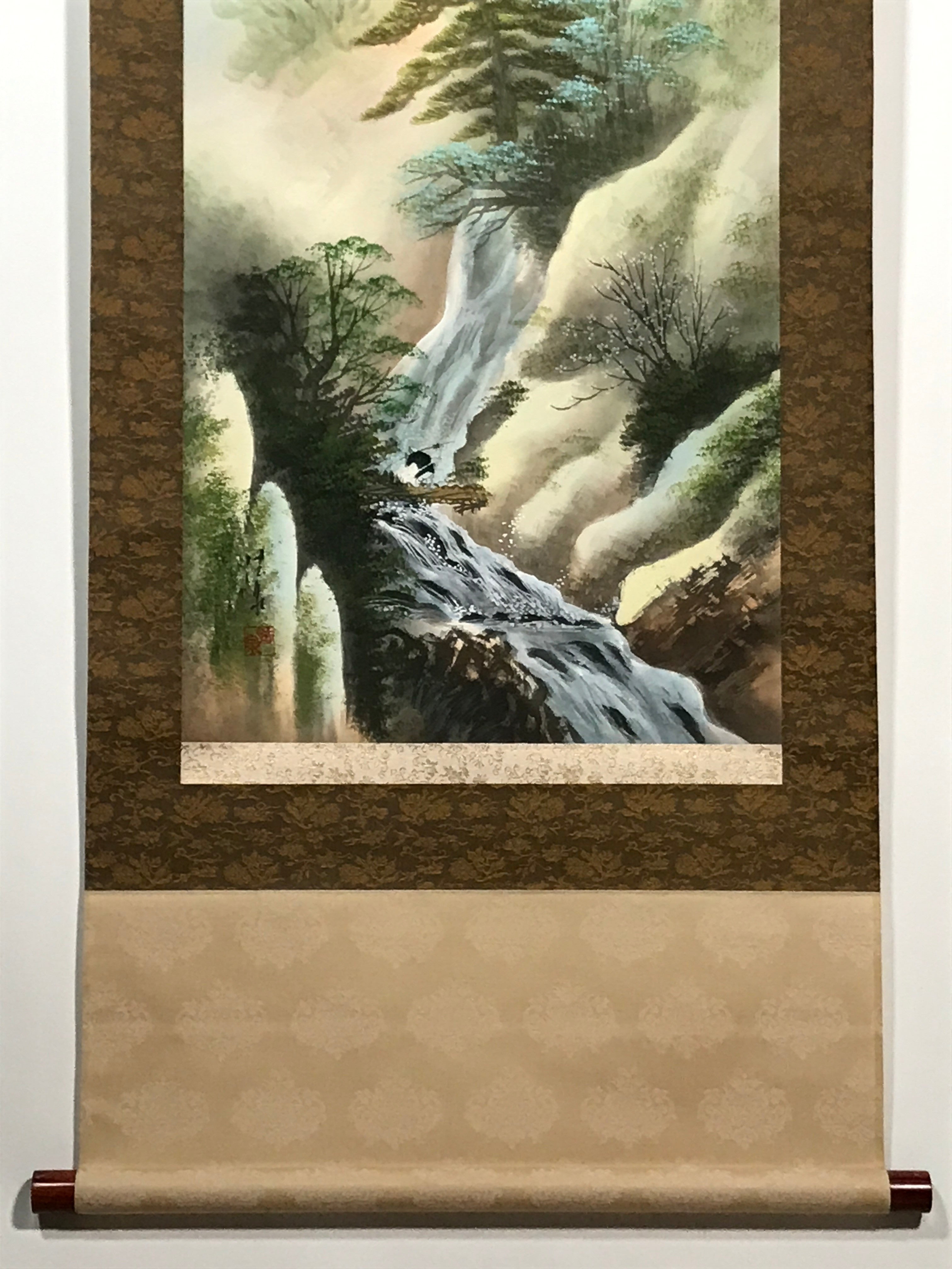 Japanese Hanging Scroll Vtg Moutains Waterfall House Color Sansui Kakejiku SC822