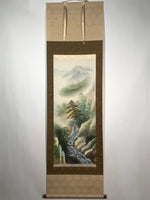 Japanese Hanging Scroll Vtg Moutains Waterfall House Color Sansui Kakejiku SC822