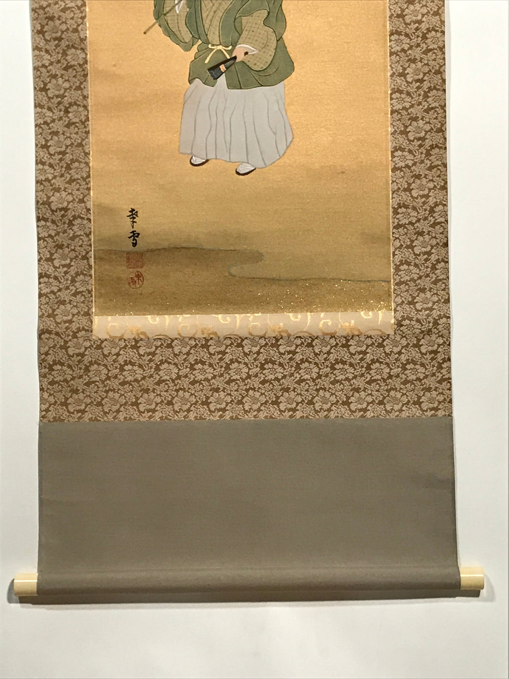 Japanese Hanging Scroll Vtg Old Man Green Kimono Sun Pine Tree Kakejiku SC850