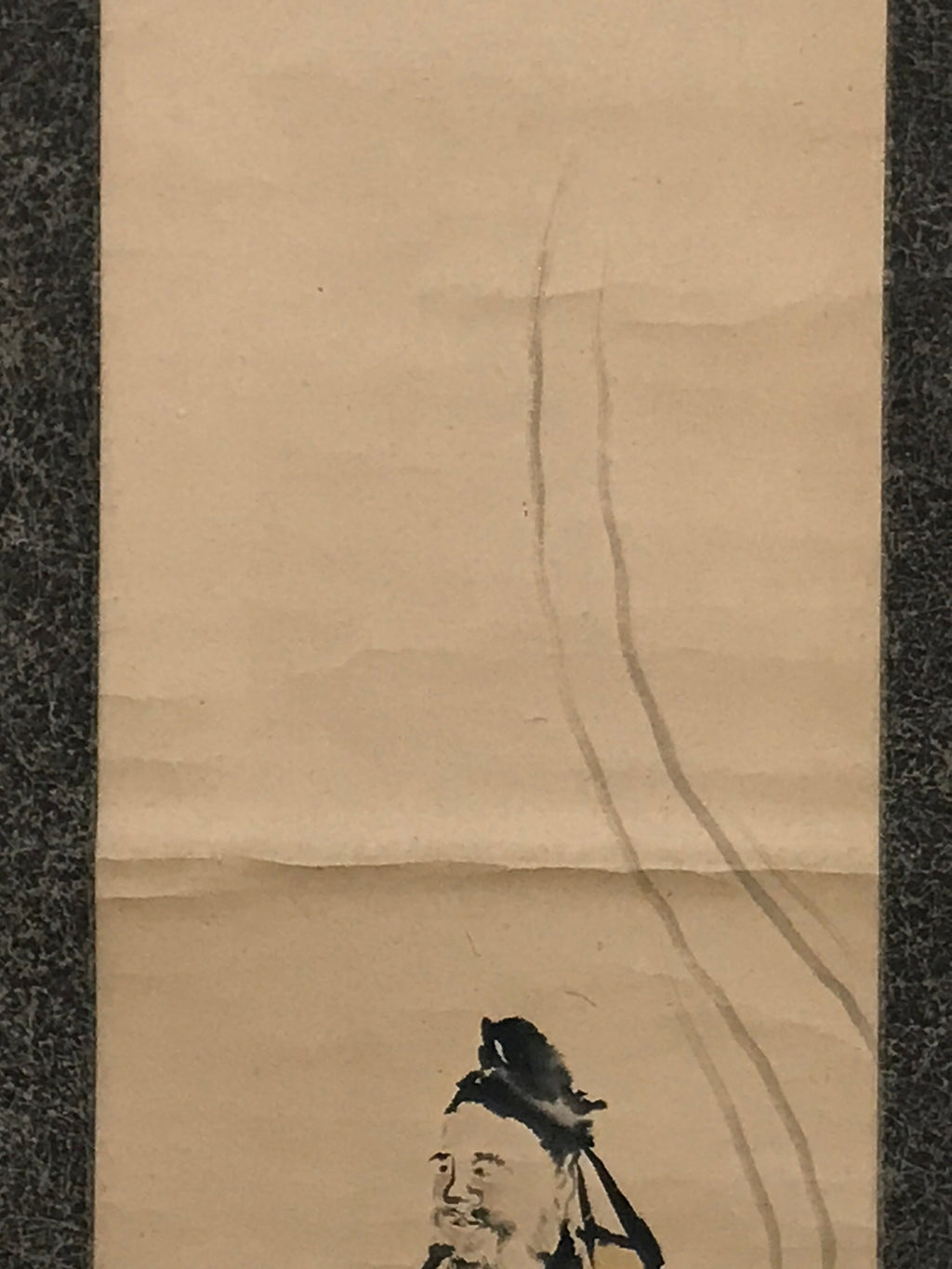 Japanese Hanging Scroll Vtg Old Man Standing Cloud Lady Kakejiku Chagake SC903