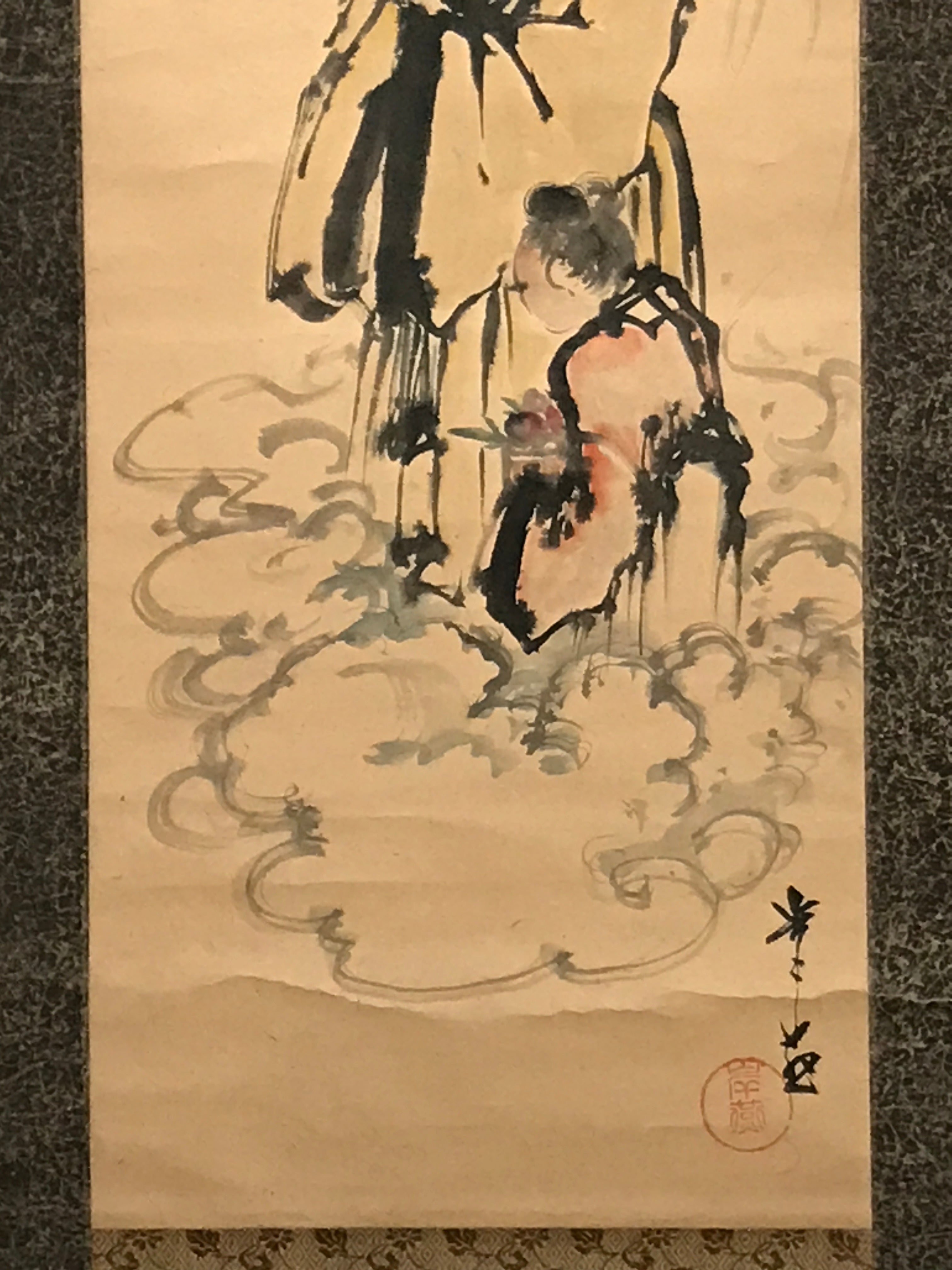 Japanese Hanging Scroll Vtg Old Man Standing Cloud Lady Kakejiku Chagake SC903