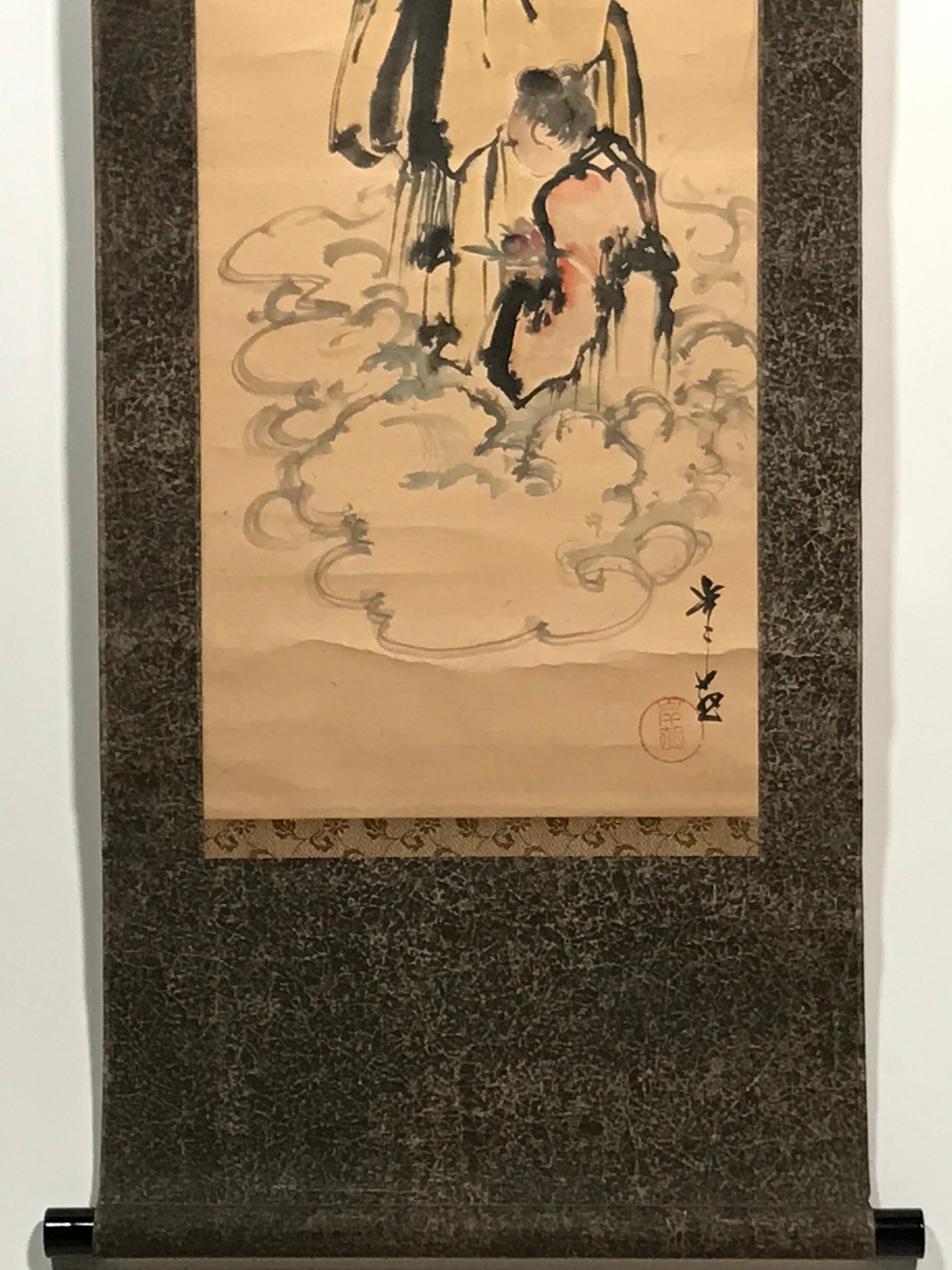 Japanese Hanging Scroll Vtg Old Man Standing Cloud Lady Kakejiku Chagake SC903