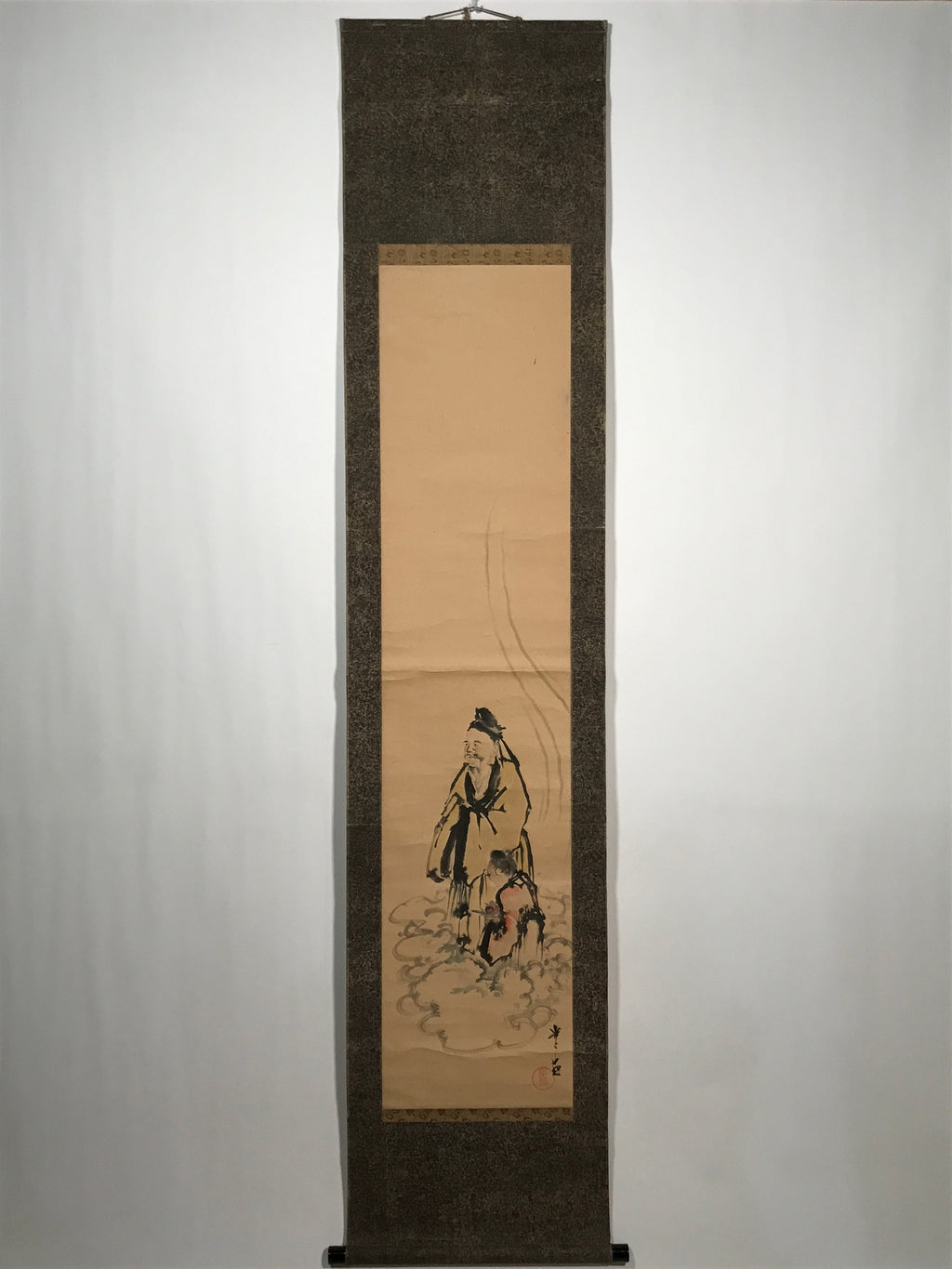 Japanese Hanging Scroll Vtg Old Man Standing Cloud Lady Kakejiku Chagake SC903