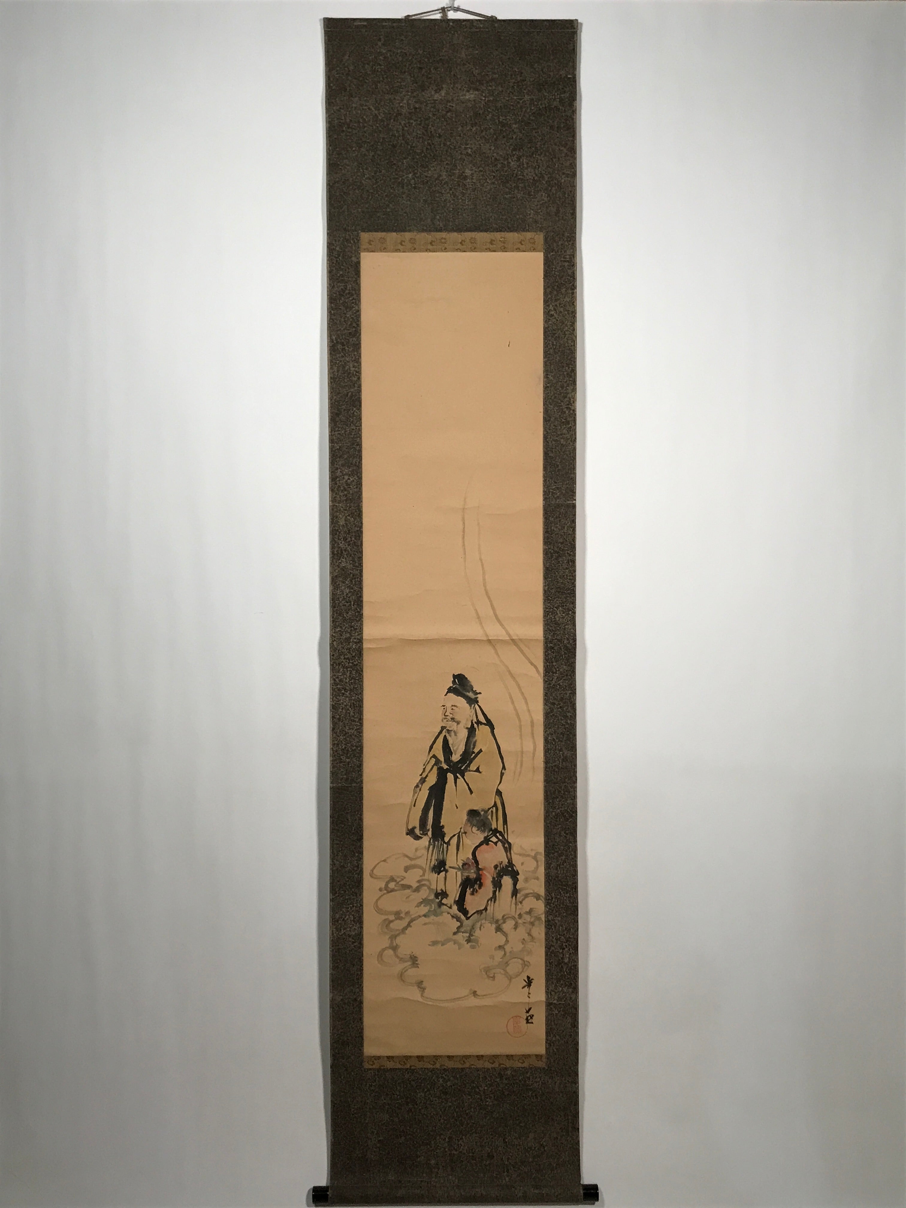 Japanese Hanging Scroll Vtg Old Man Standing Cloud Lady Kakejiku Chagake SC903