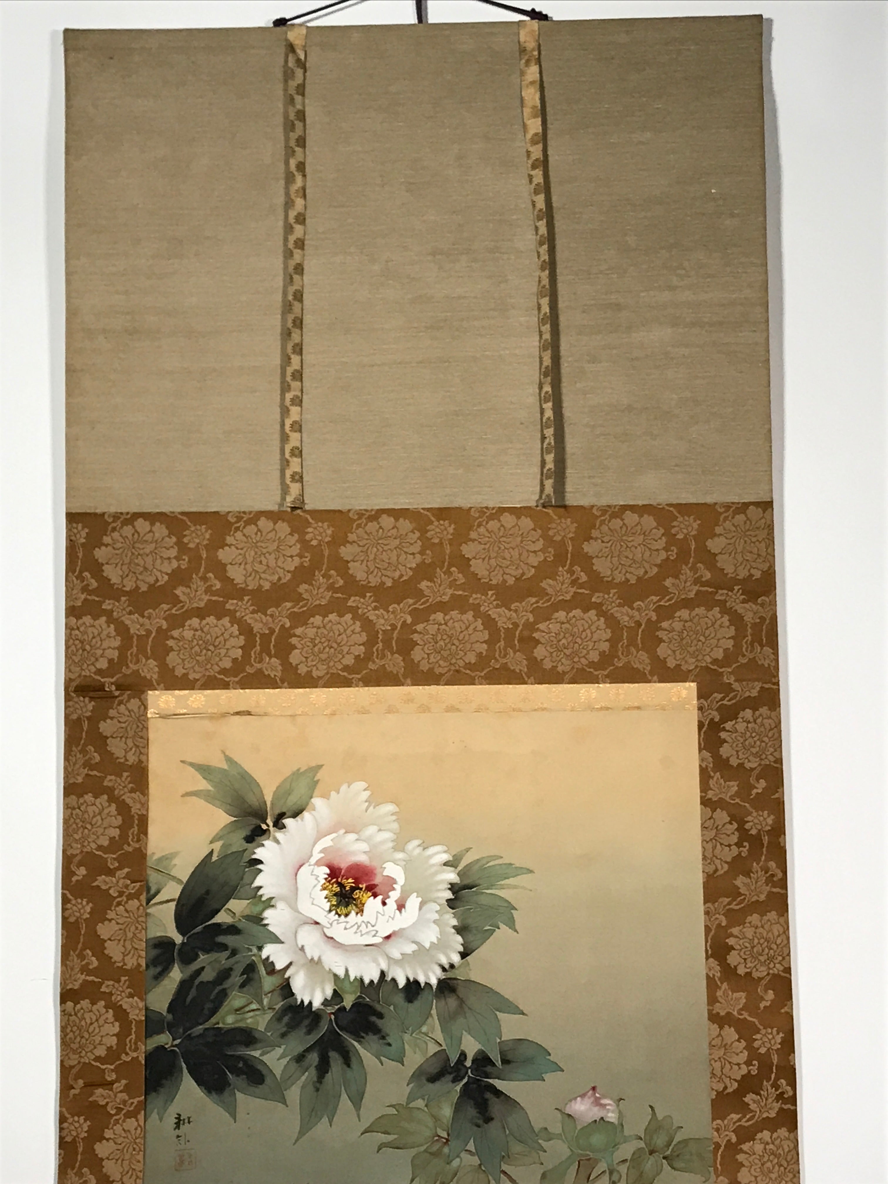 Japanese Hanging Scroll Vtg Peony Flower Color Kakejiku Chagake SC848