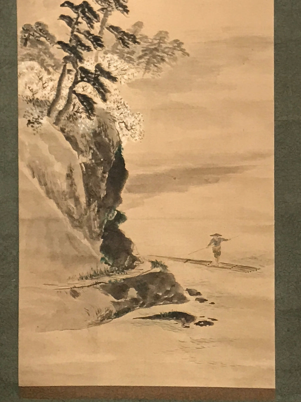 Japanese Hanging Scroll Vtg Person Standing Boat Mountain Sansui Kakejiku SC846