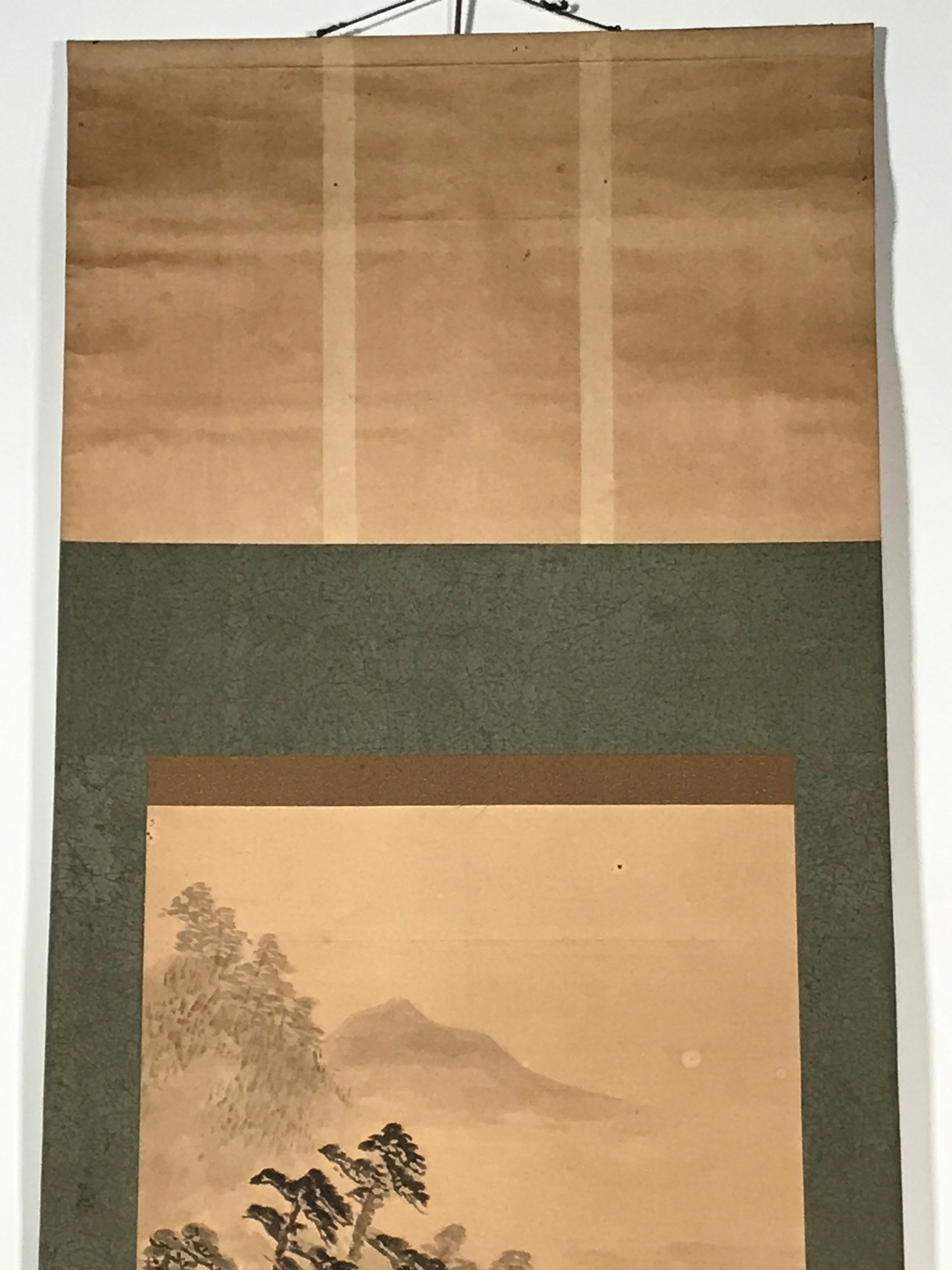 Japanese Hanging Scroll Vtg Person Standing Boat Mountain Sansui Kakejiku SC846