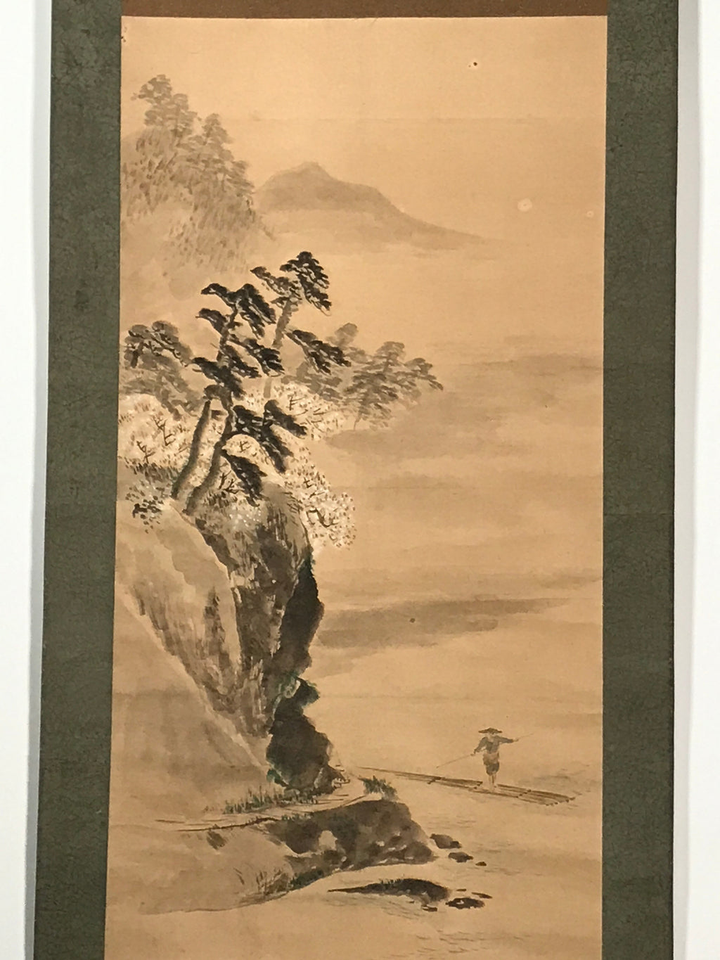 Japanese Hanging Scroll Vtg Person Standing Boat Mountain Sansui Kakejiku SC846