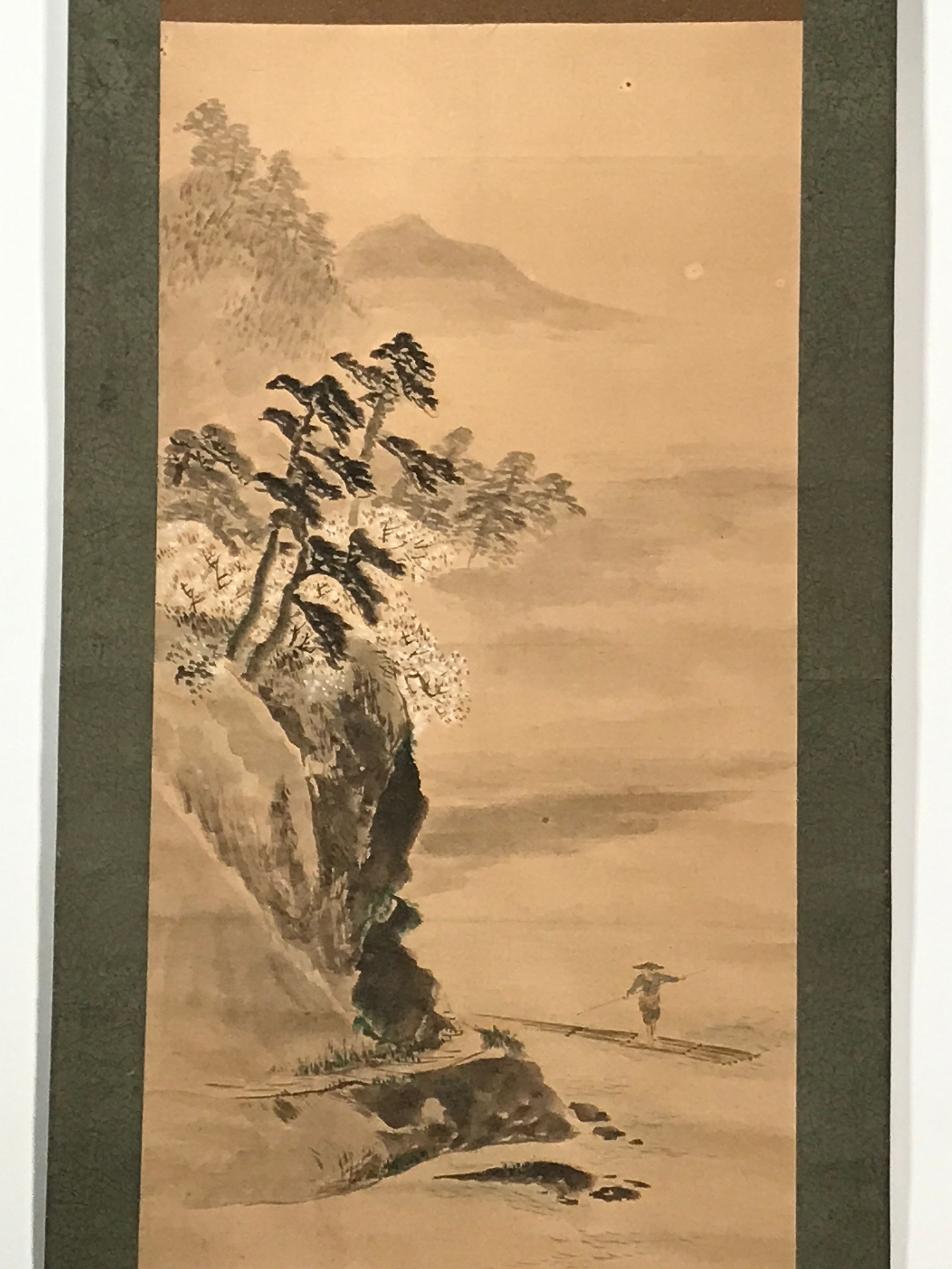 Japanese Hanging Scroll Vtg Person Standing Boat Mountain Sansui Kakejiku SC846