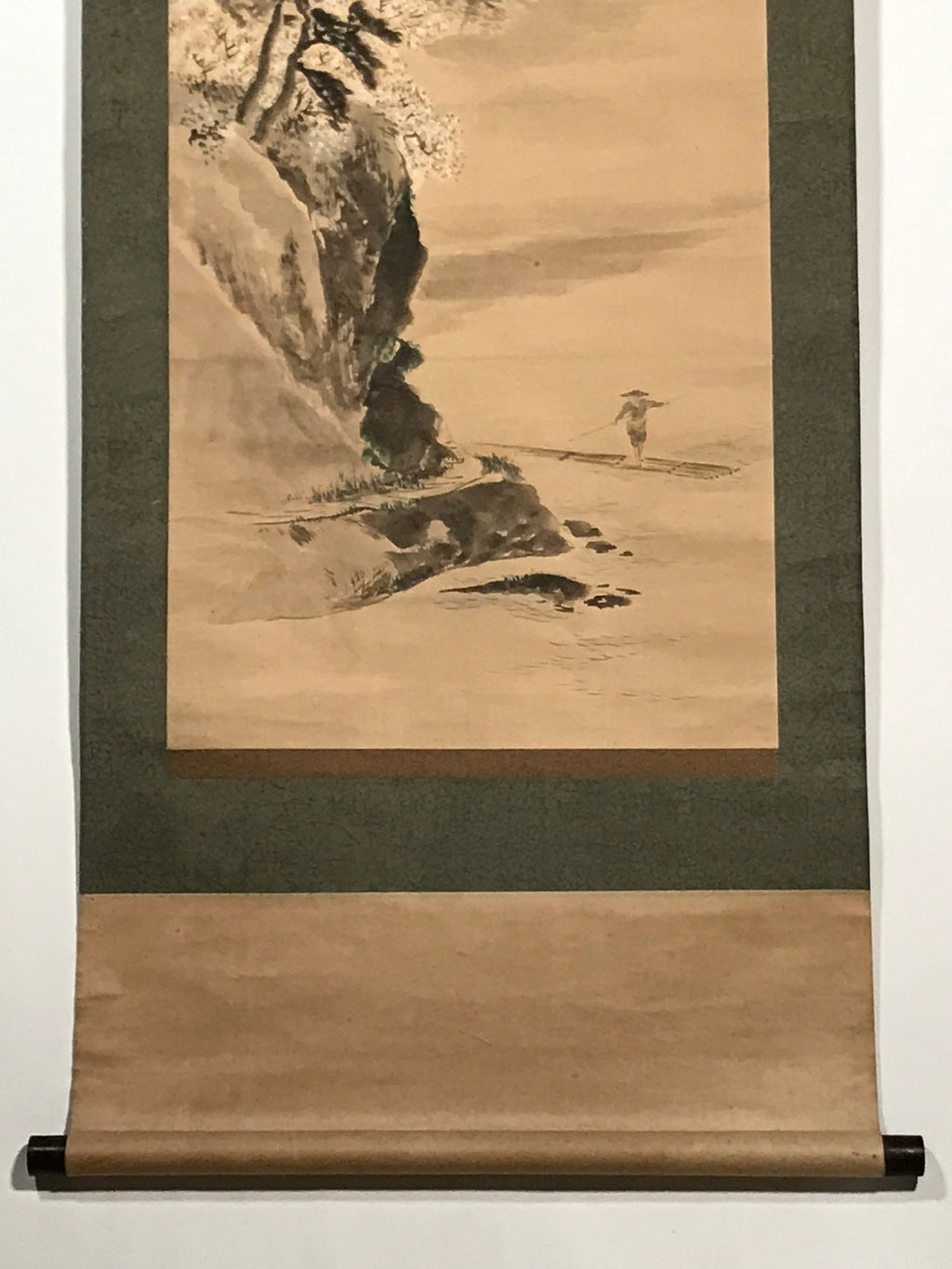 Japanese Hanging Scroll Vtg Person Standing Boat Mountain Sansui Kakejiku SC846