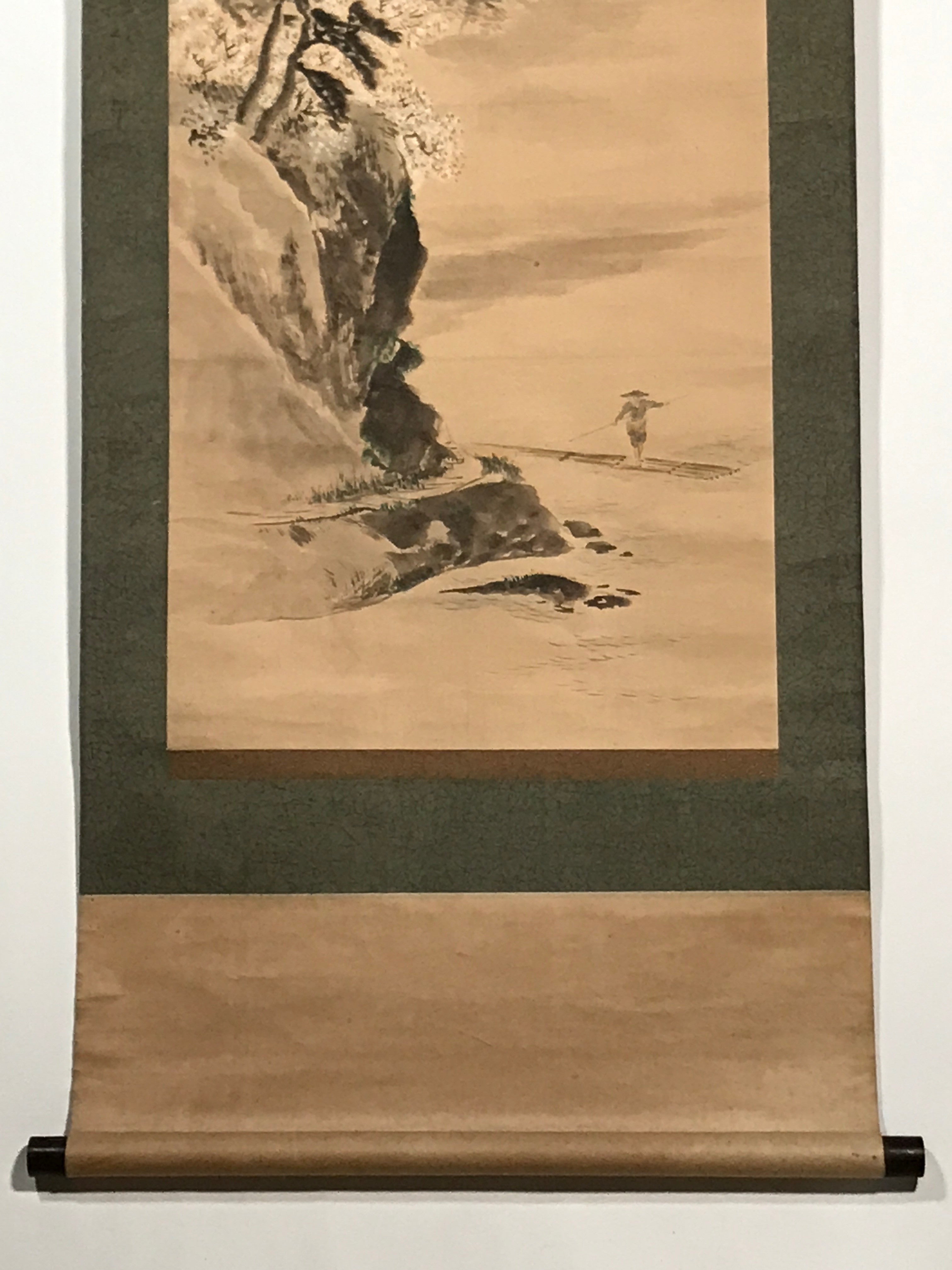 Japanese Hanging Scroll Vtg Person Standing Boat Mountain Sansui Kakejiku SC846