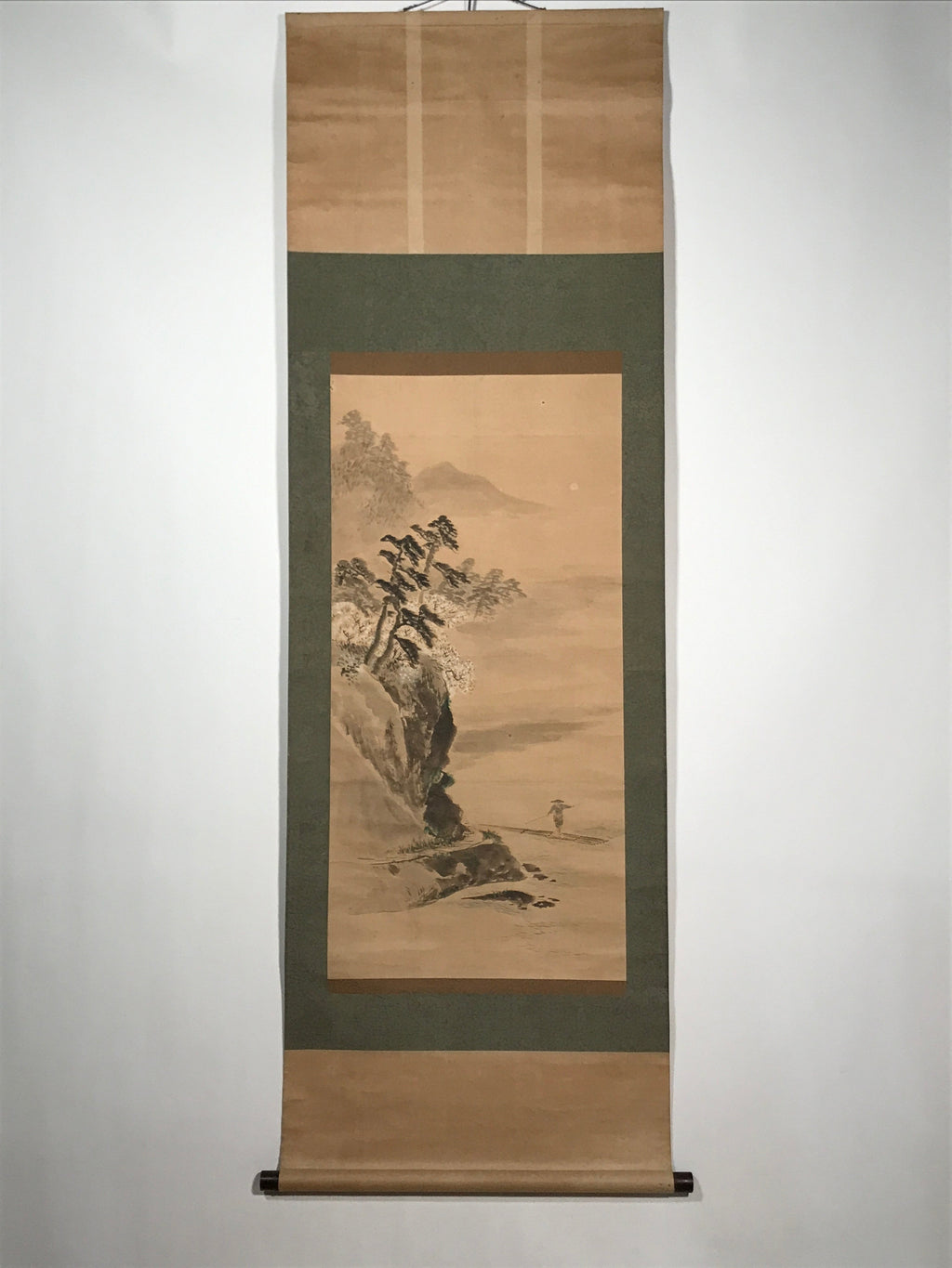 Japanese Hanging Scroll Vtg Person Standing Boat Mountain Sansui Kakejiku SC846