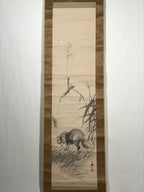 Japanese Hanging Scroll Vtg Raccoon Dog Herbs Black Kakejiku Chagake SC923