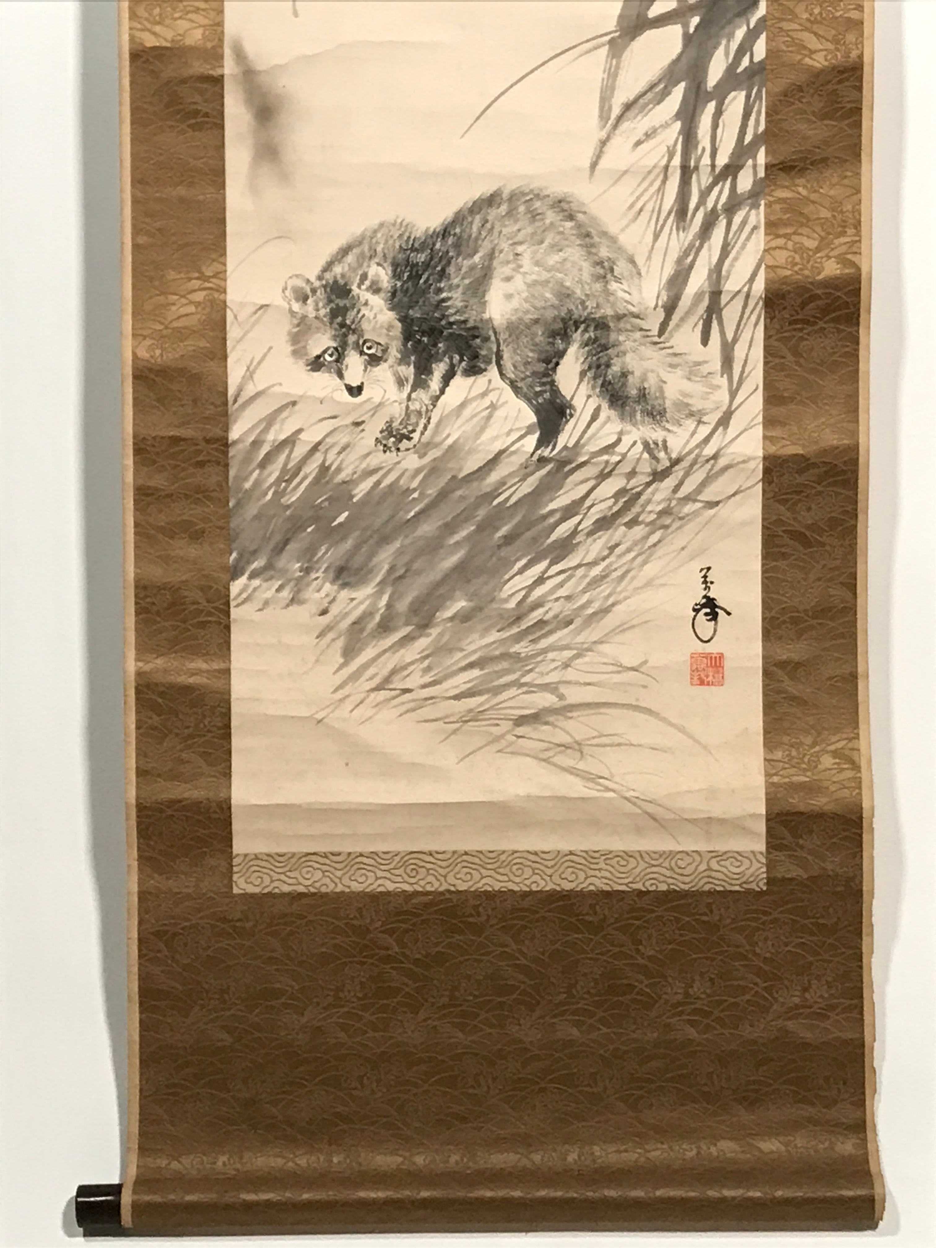 Japanese Hanging Scroll Vtg Raccoon Dog Herbs Black Kakejiku Chagake SC923
