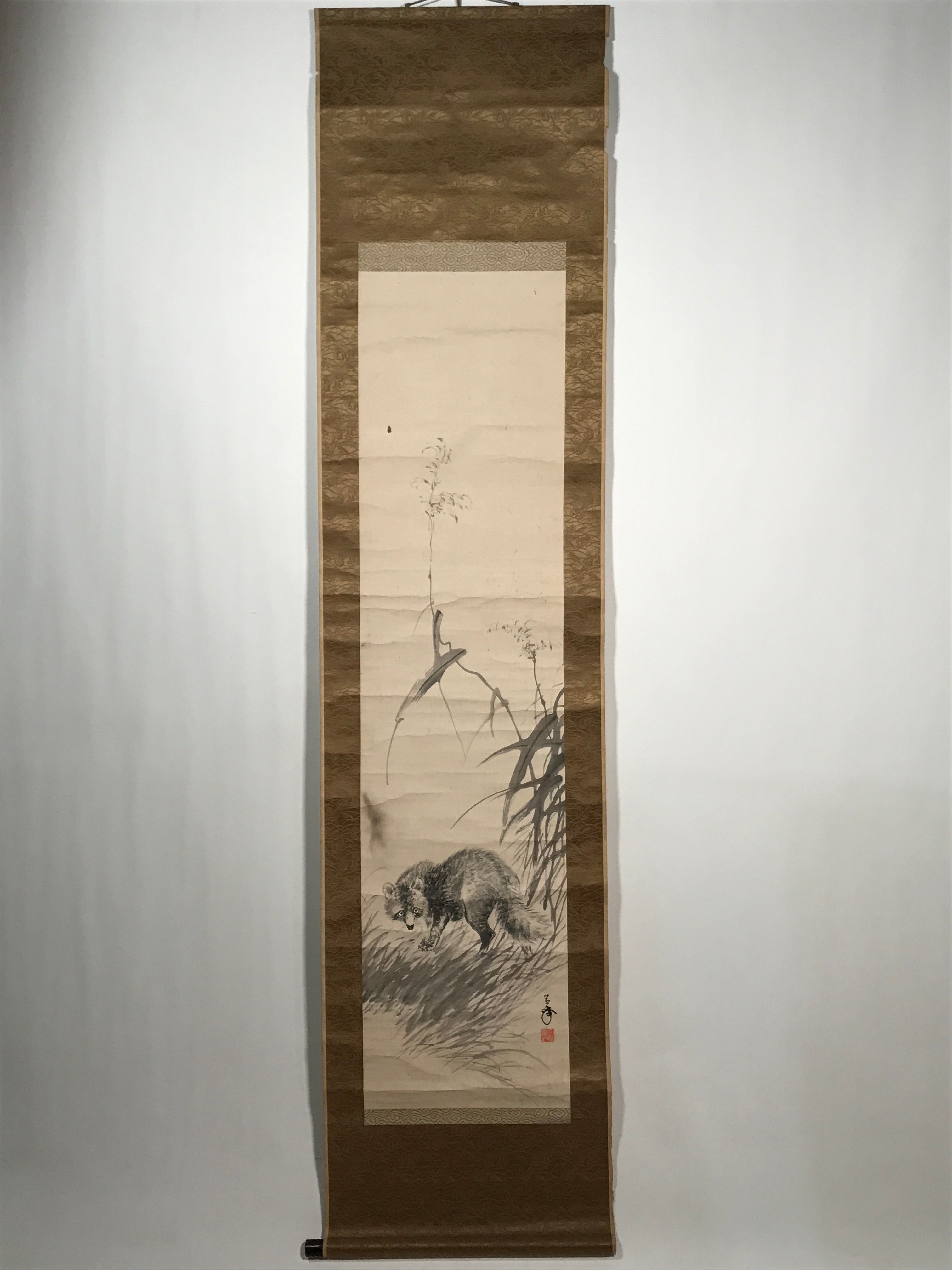 Japanese Hanging Scroll Vtg Raccoon Dog Herbs Black Kakejiku Chagake SC923