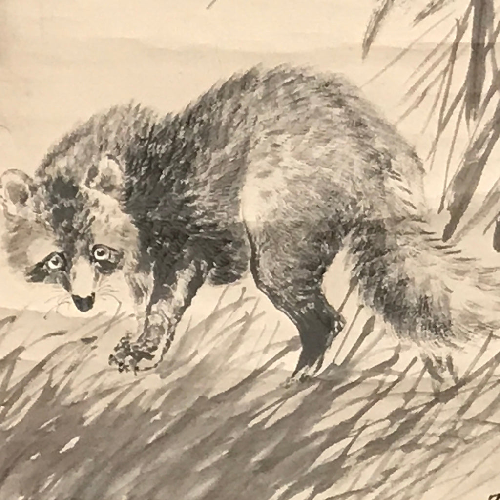 Japanese Hanging Scroll Vtg Raccoon Dog Herbs Black Kakejiku Chagake SC923