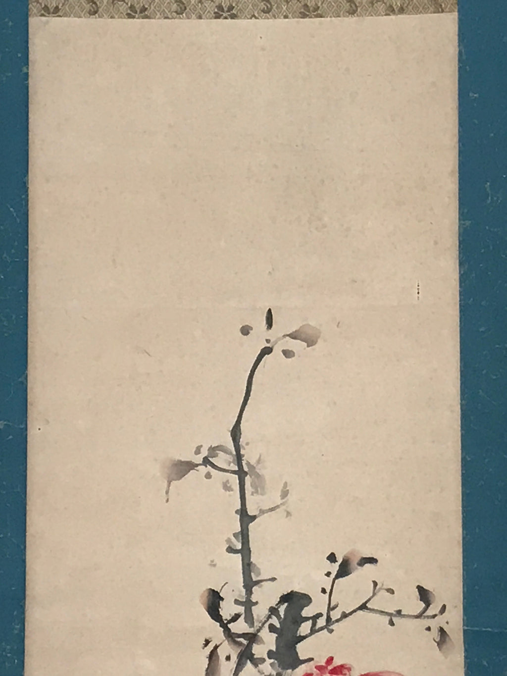 Japanese Hanging Scroll Vtg Red Flowers Black Tree Kakejiku Chagake SC906