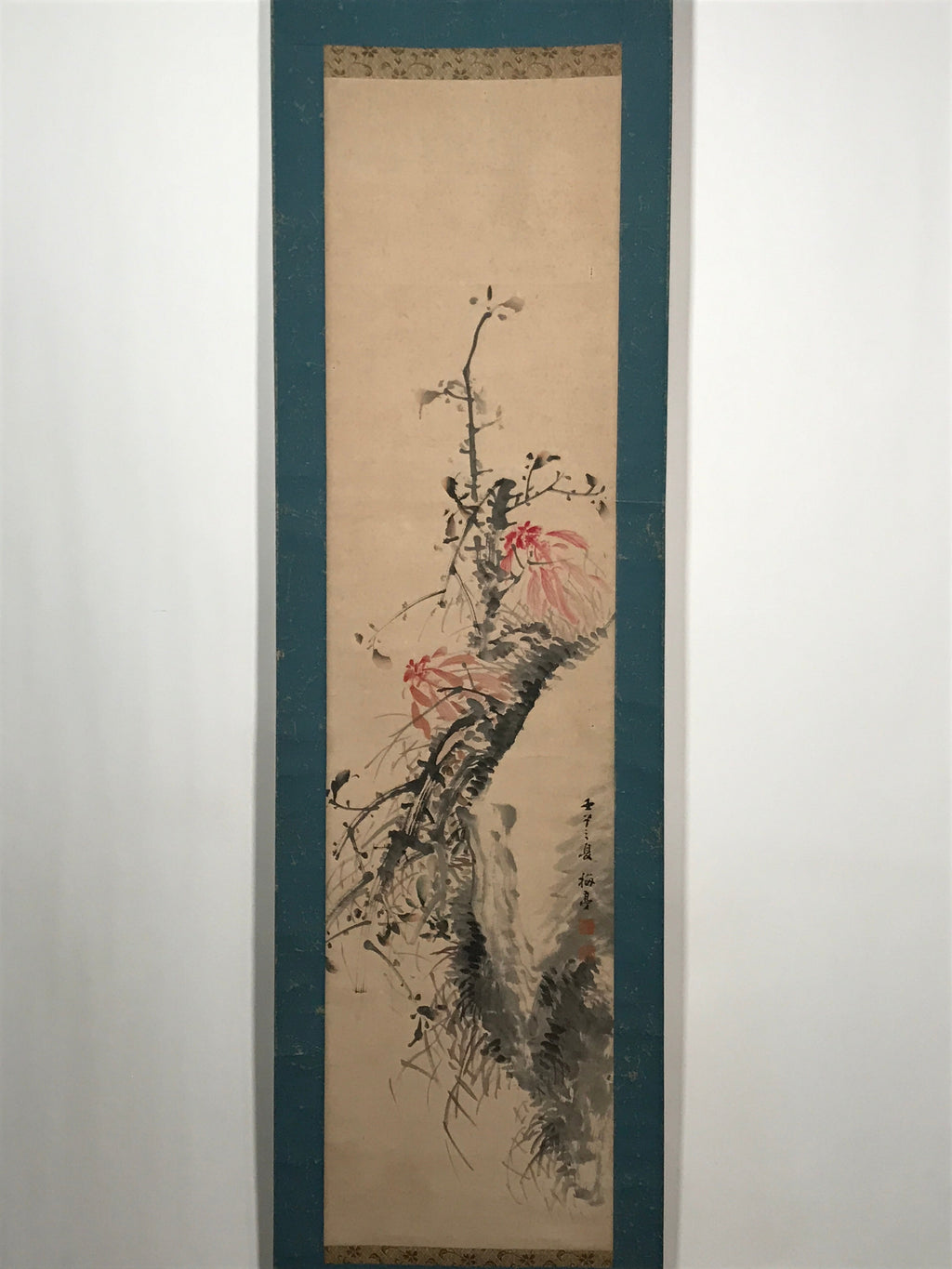 Japanese Hanging Scroll Vtg Red Flowers Black Tree Kakejiku Chagake SC906