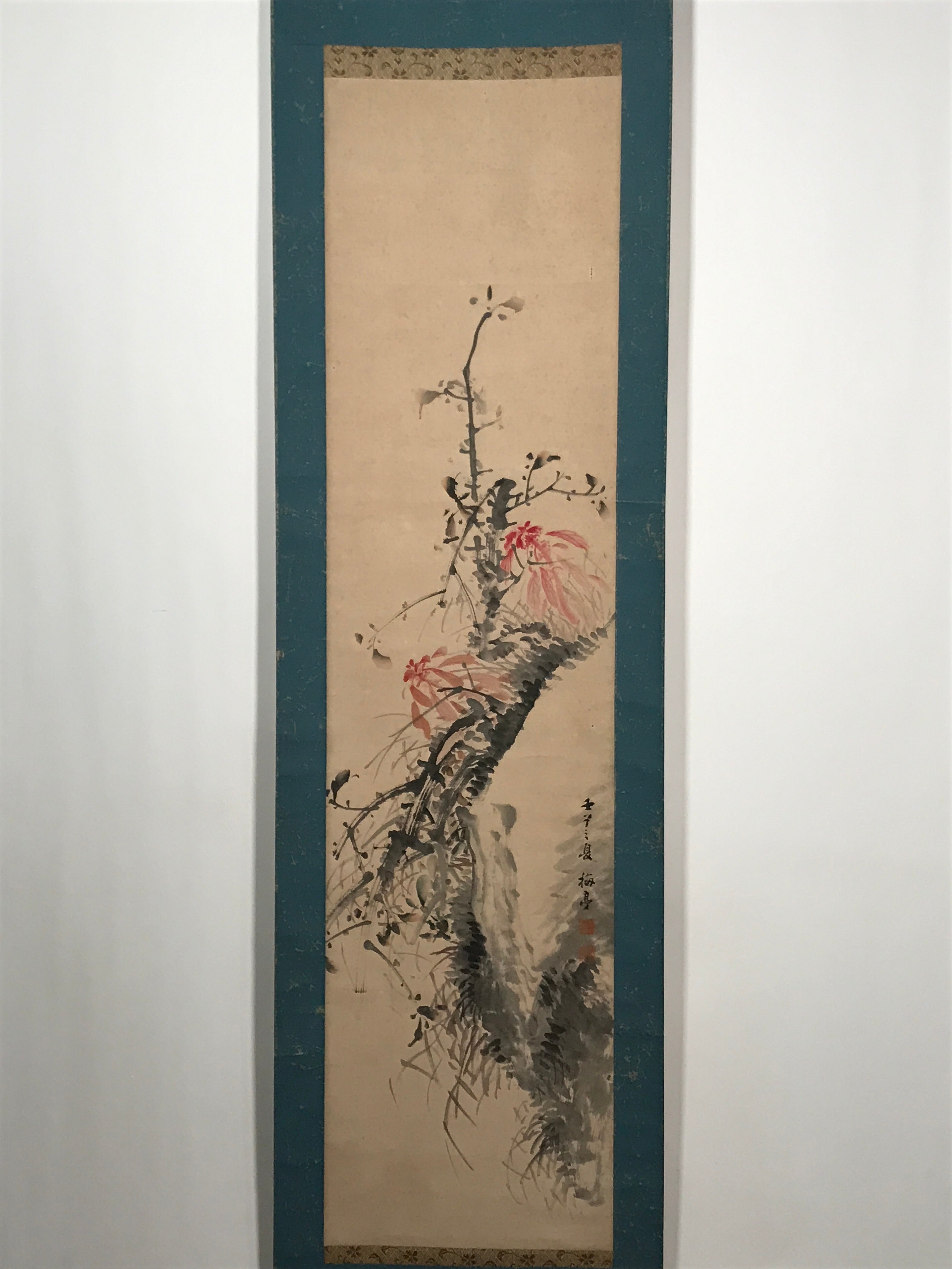 Japanese Hanging Scroll Vtg Red Flowers Black Tree Kakejiku Chagake SC906