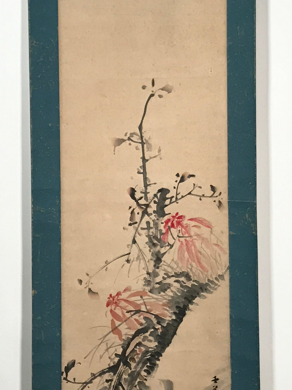 Japanese Hanging Scroll Vtg Red Flowers Black Tree Kakejiku Chagake SC906