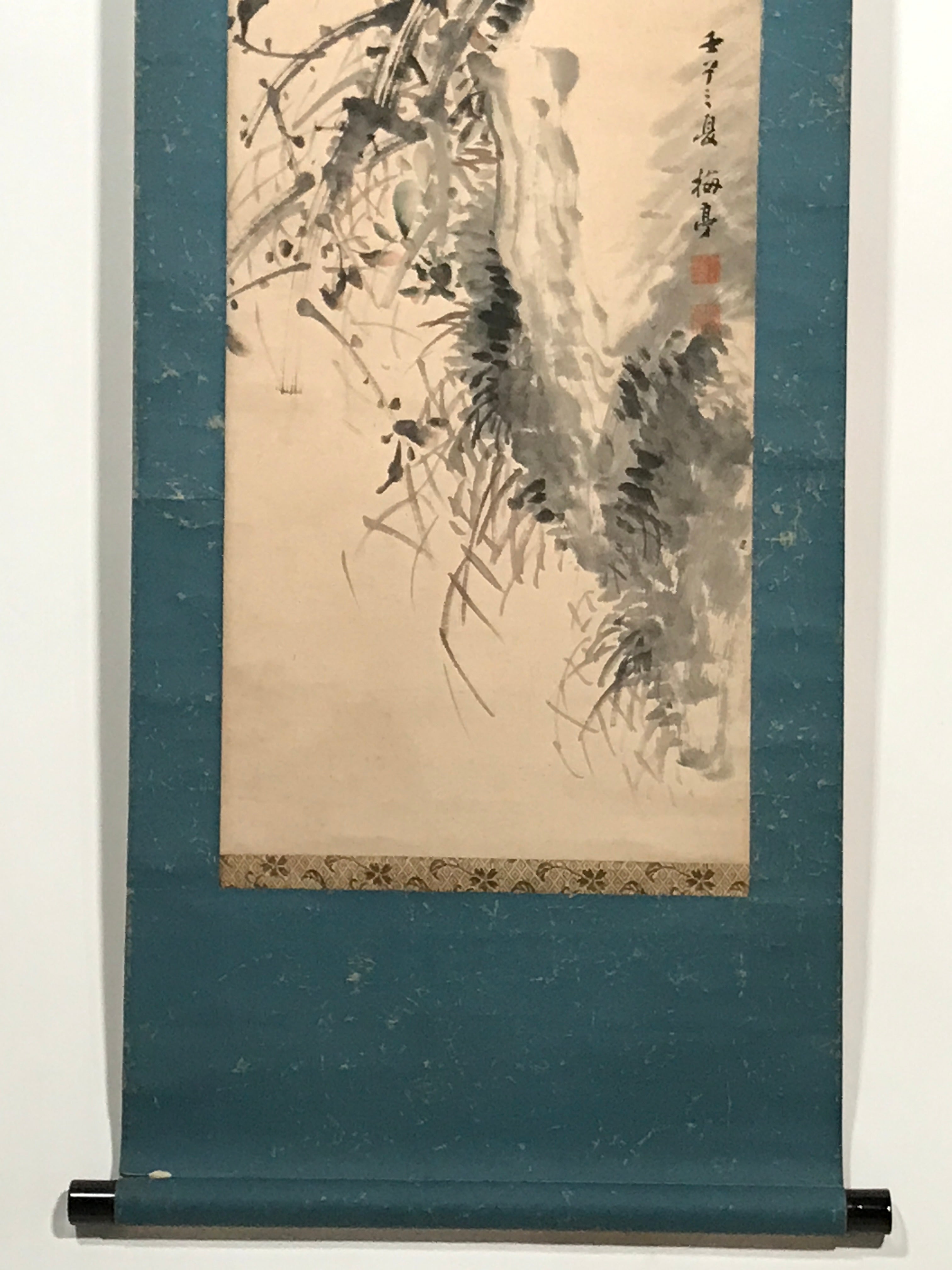Japanese Hanging Scroll Vtg Red Flowers Black Tree Kakejiku Chagake SC906