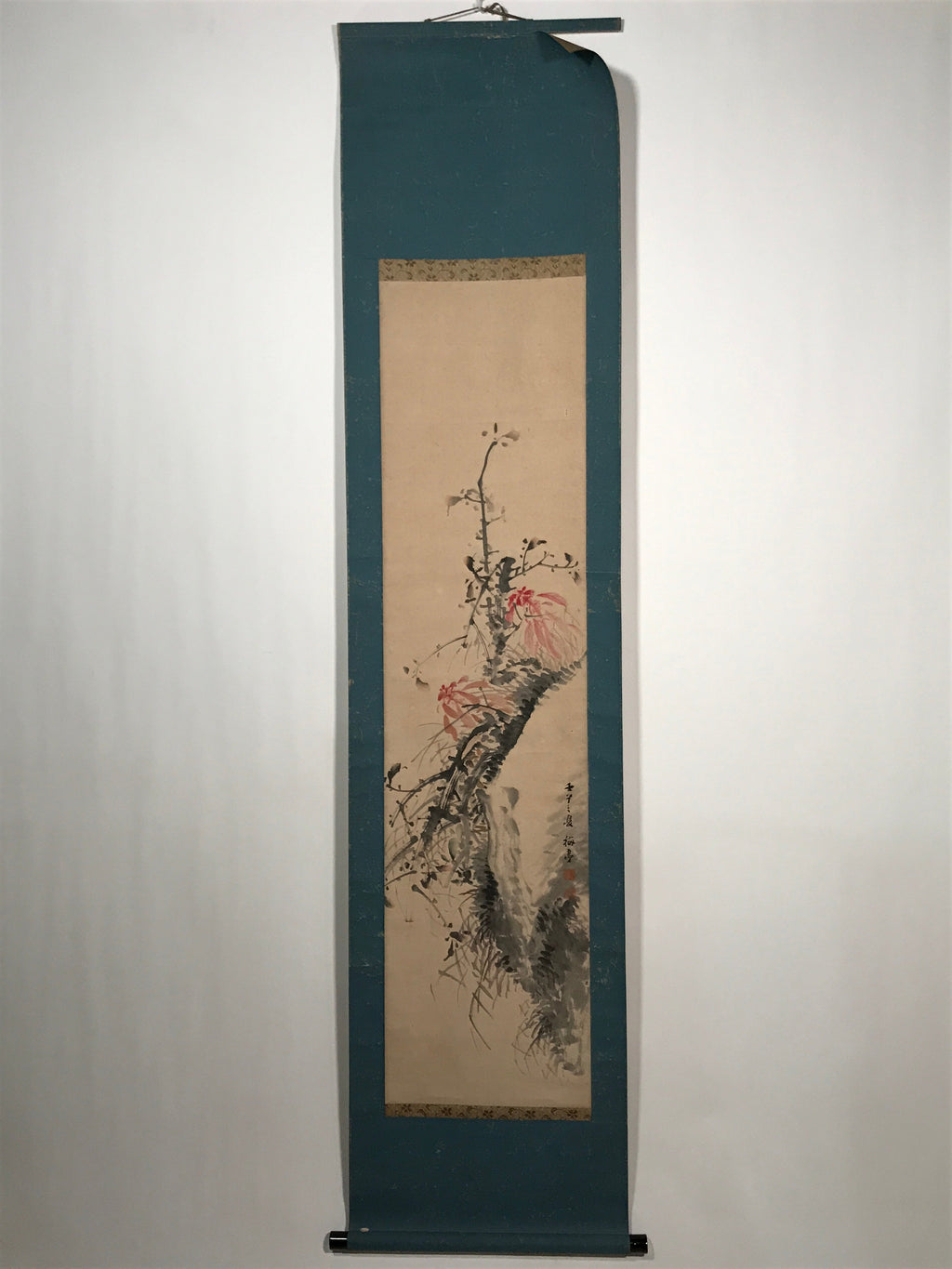 Japanese Hanging Scroll Vtg Red Flowers Black Tree Kakejiku Chagake SC906