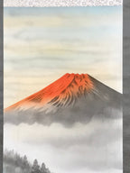 Japanese Hanging Scroll Vtg Red Fuji Flying Cranes Takemura Kakejiku SC902