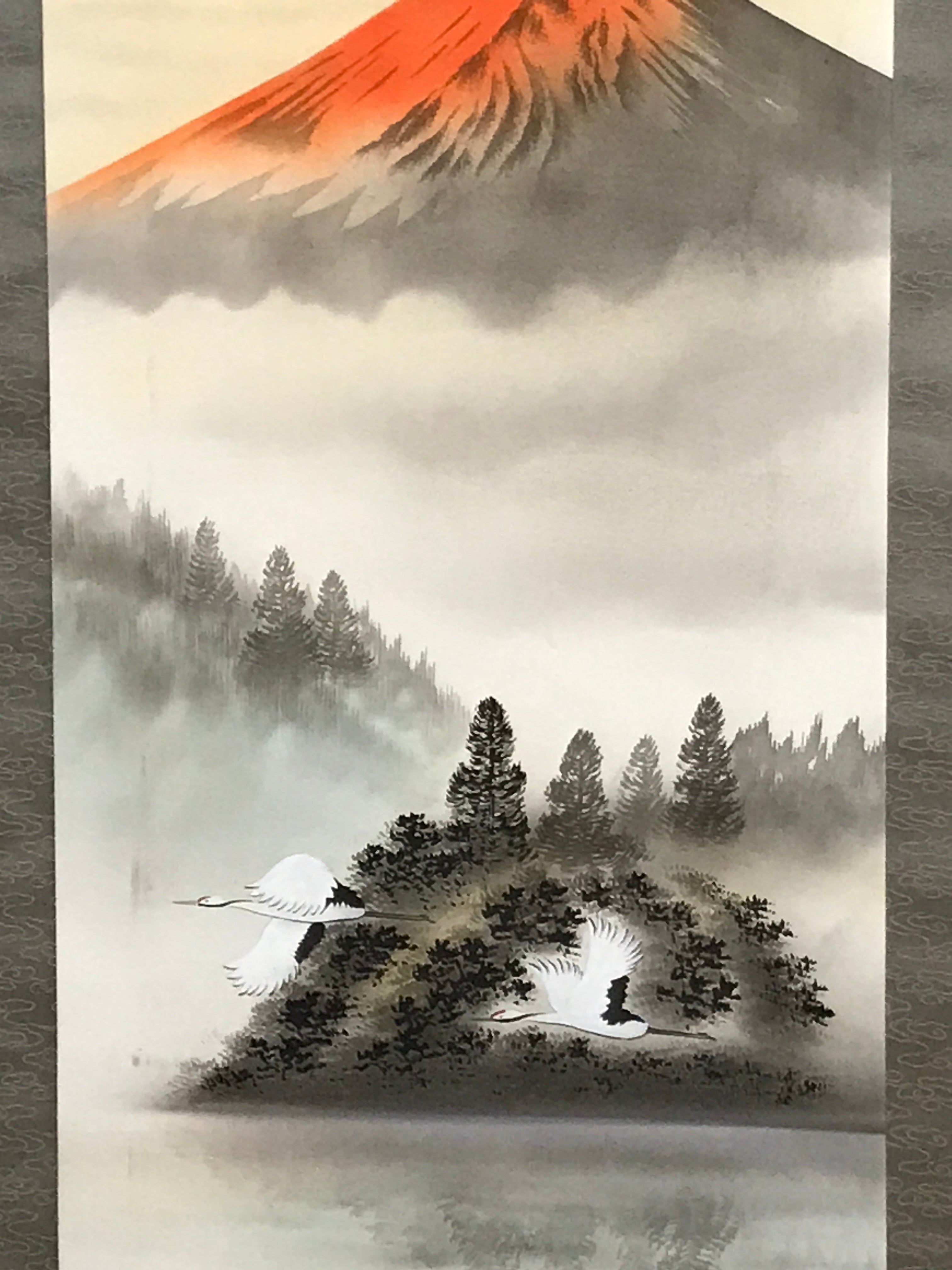 Japanese Hanging Scroll Vtg Red Fuji Flying Cranes Takemura Kakejiku SC902
