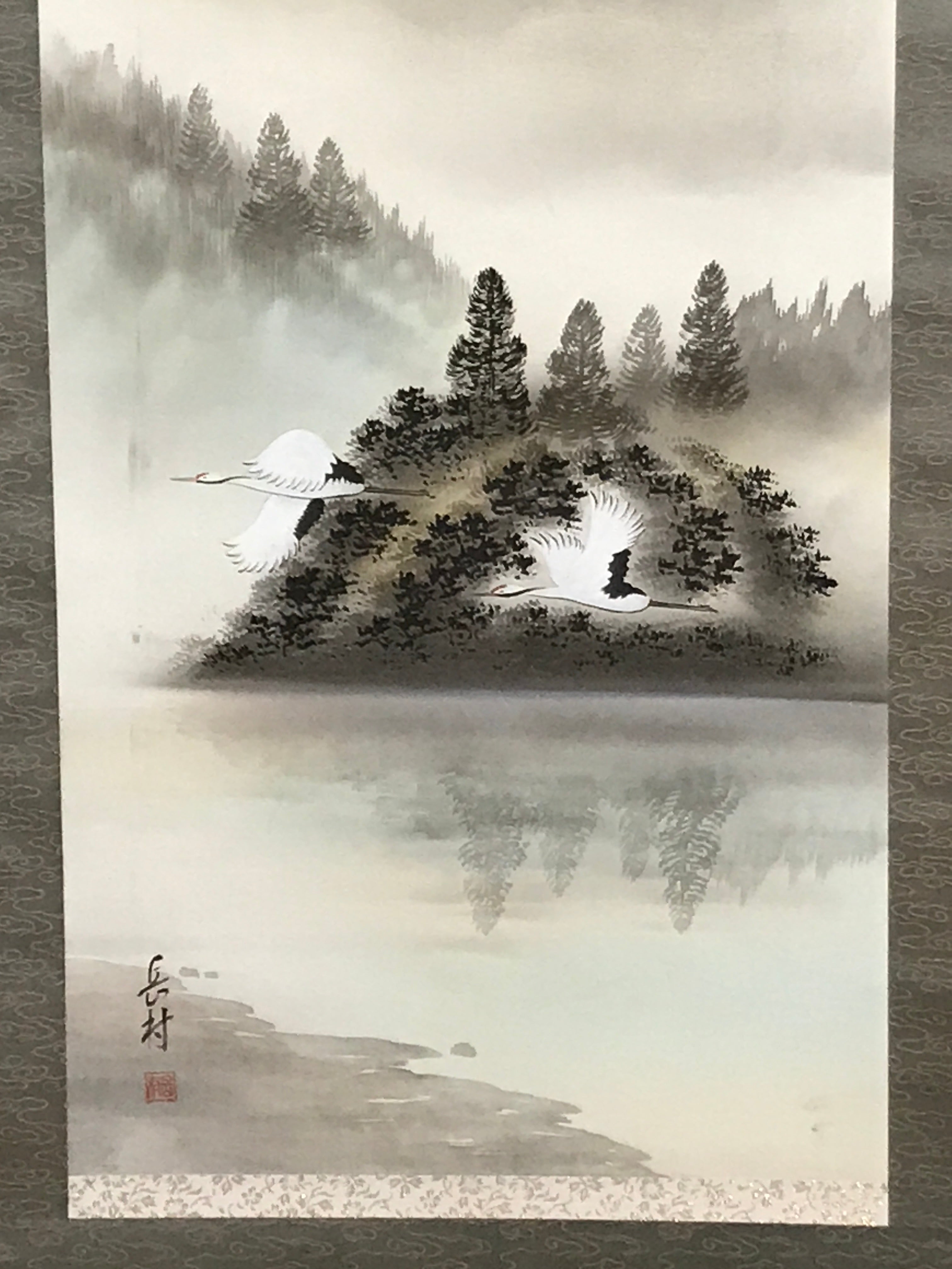 Japanese Hanging Scroll Vtg Red Fuji Flying Cranes Takemura Kakejiku SC902